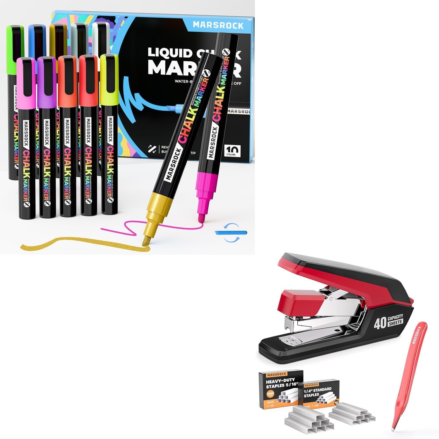 Marsrock Liquid Chalk Markers,10 Vibrant Colors Chalk Pens, Reversible Tip, Wet Erase, Water-Based Chalkboard Markers for Blackboards Effortless Stapler