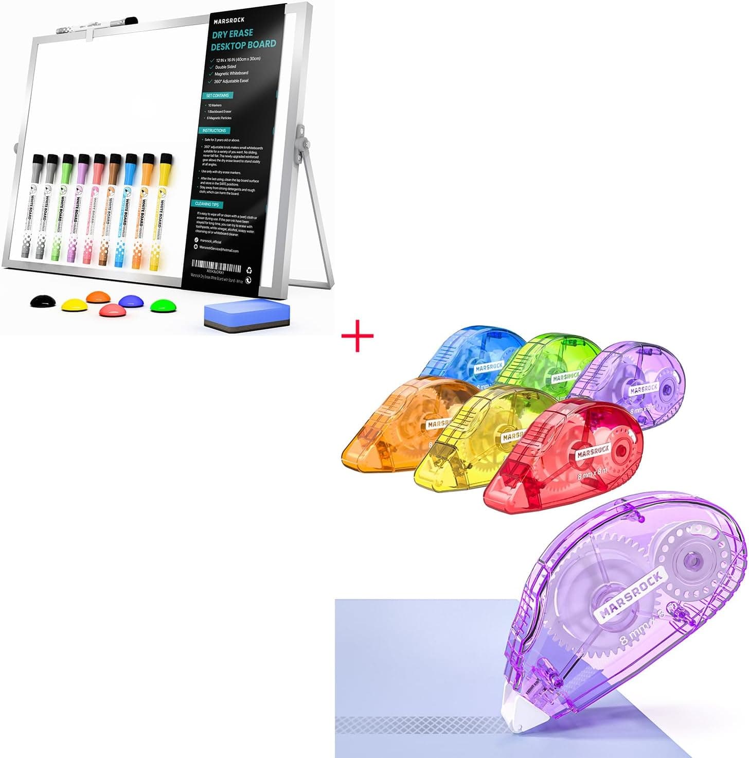 Marsrock Dry Erase White Board with Stand + Double-Sided Adhesive Dots Roller – 6 Pack