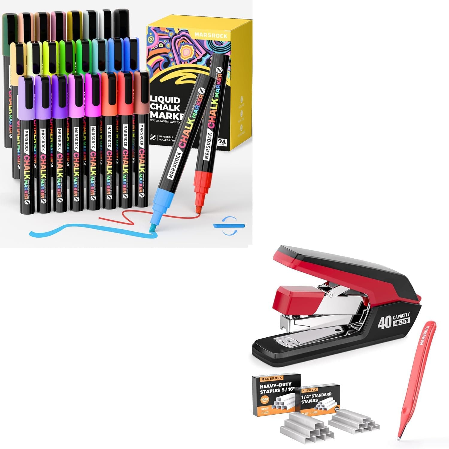 Marsrock Liquid Chalk Markers,24 Vibrant Colors Chalk Pens Effortless Stapler for Desk with 40-50 Sheet Capacity