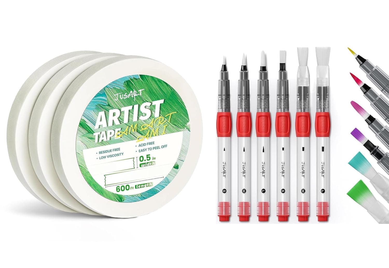 JusArt 3 Packs Artist Tape 1/2 inch + Water Brush Pens 6-Pack