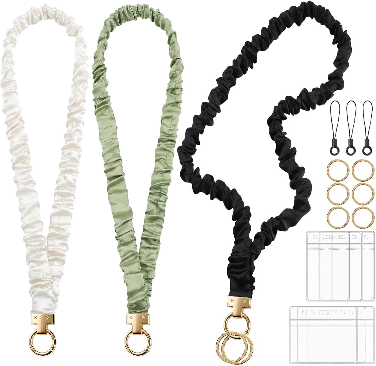 BESARME 3 Pack Scrunchie Lanyard for Id Badges Teacher Lanyards Stretchy Scrunchie Lanyards for Women Office School Hospital(Black Beige Green)
