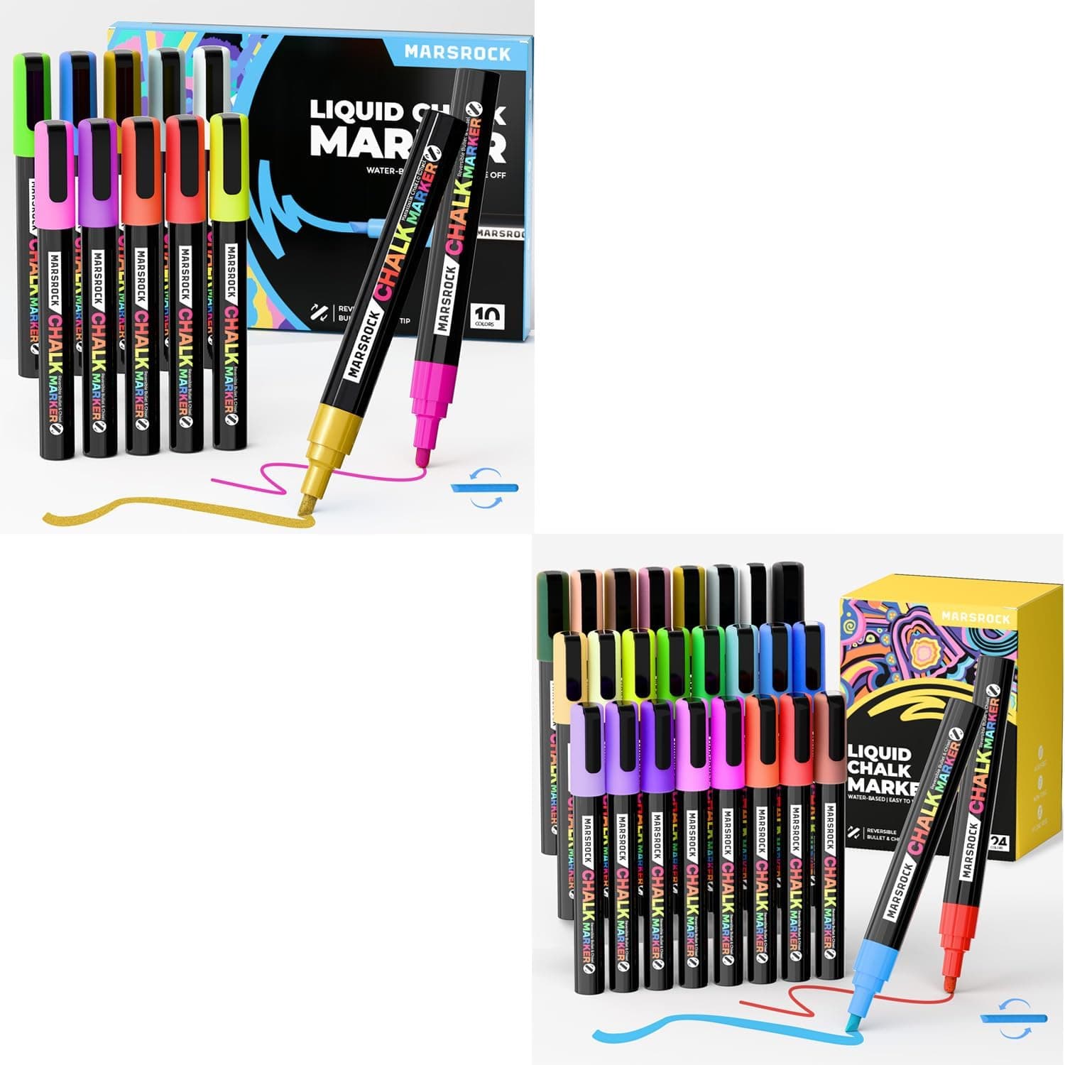 Marsrock Liquid Chalk Markers,10+ 24 Vibrant Colors Chalk Pens, Reversible Tip, Wet Erase, Water-Based Chalkboard Markers for Blackboards, Windows, Glass, Mirrors, Signs,Car