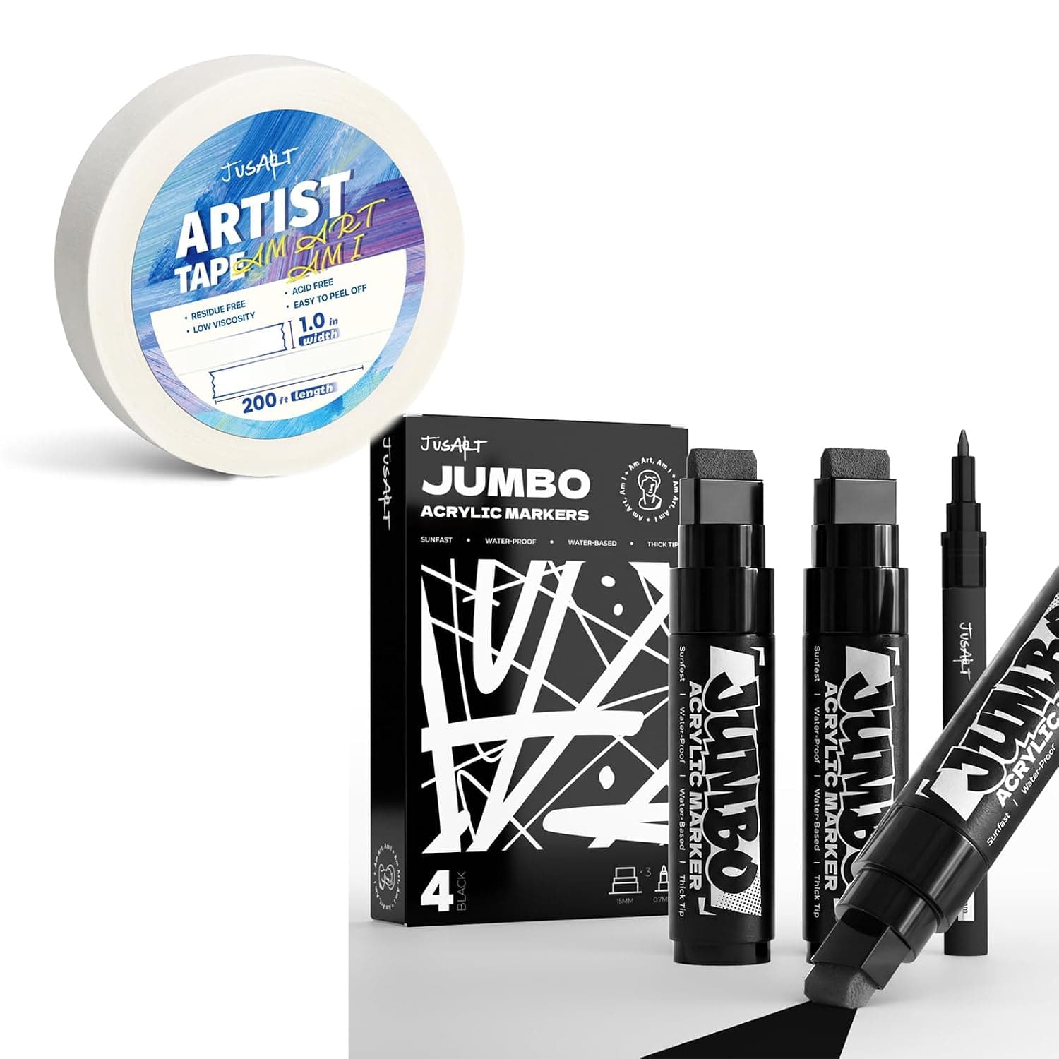 JusArt 1 inch Wide 200FT Long Artist Tape 4 Pcs Black Jumbo Poster Marker Set, 15mm and 0.7mm Fine Tip