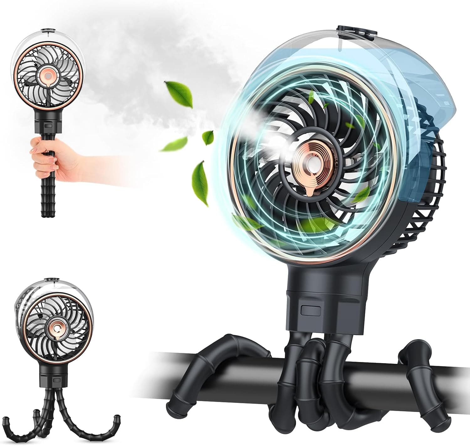 Ausic Portable Misting Stroller Fan with Detachable Tripod, Max 16H Rechargeable Clip on Fan for Baby Car Seat Crib, Quiet Cooling Fan for Theme Park Travel, Beach Essentials & Baby Registry Gifts
