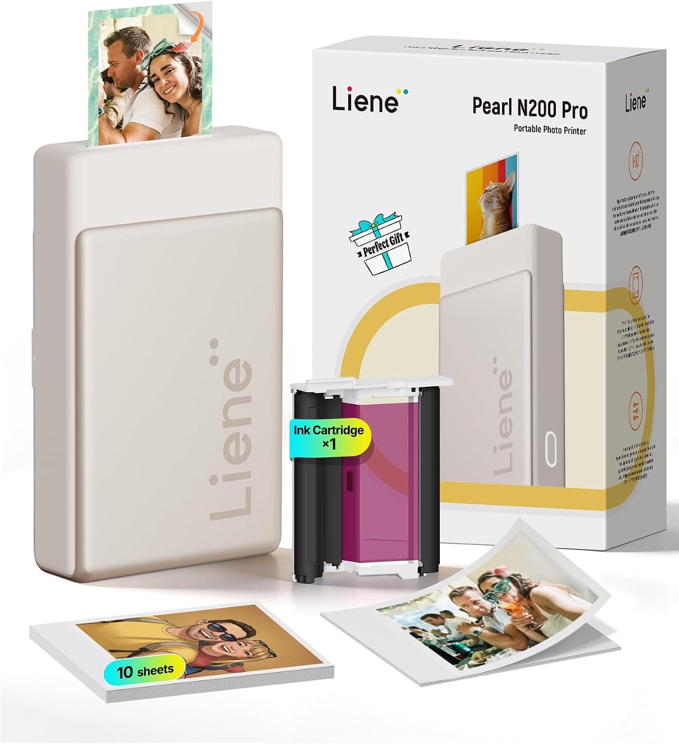 Liene Pearl N200 Pro Portable AI Photo Printer, Instant Mini Picture Printer for iPhone Smartphone, Thermal Dye Sublimation, Bluetooth Sticker Maker 10 Sheets 2x3 Adhesive Paper & 1 Cartridge, Gold