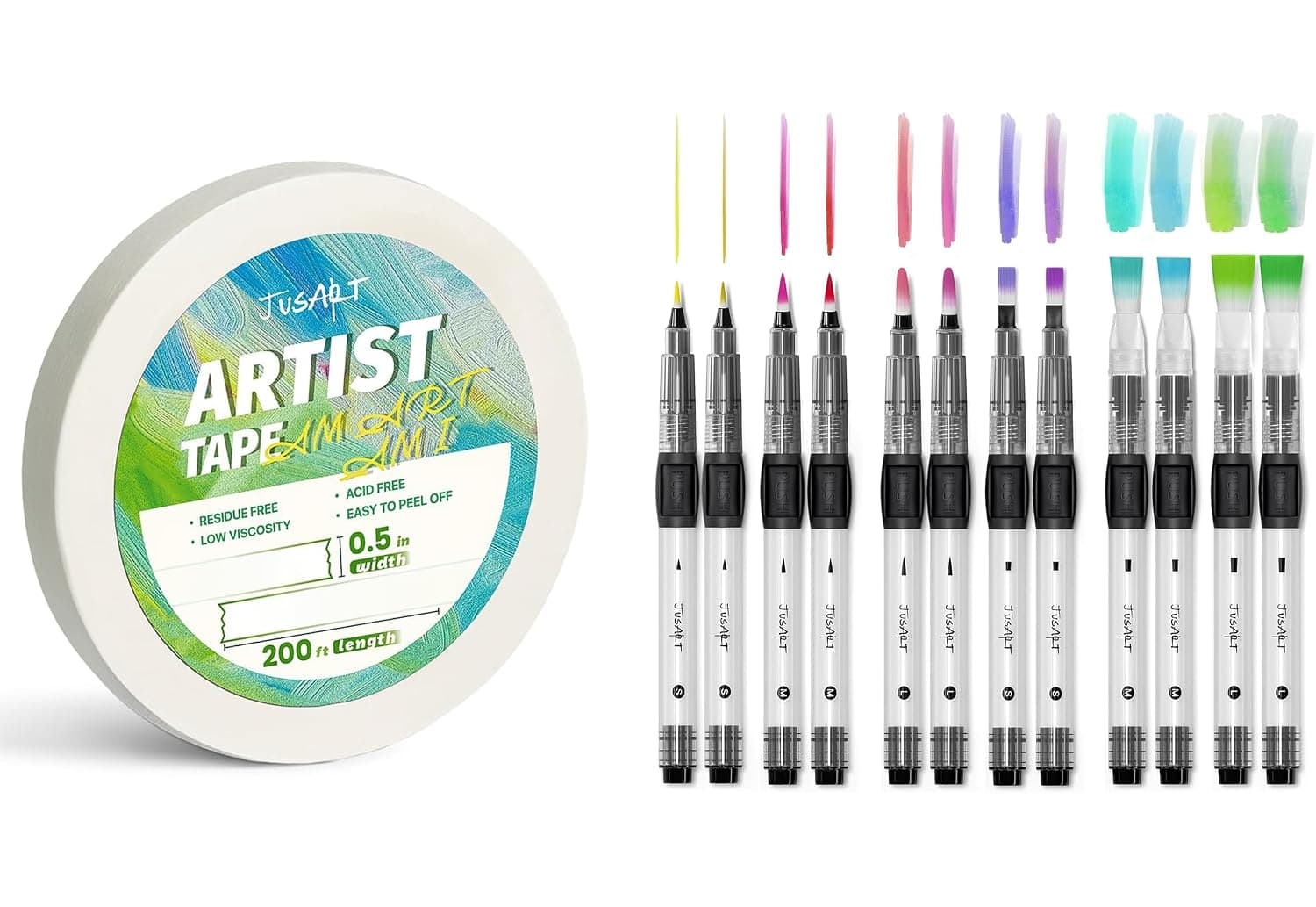 JusArt Artist Tape 1/2 inch + Water Brush Pens 12-Pack