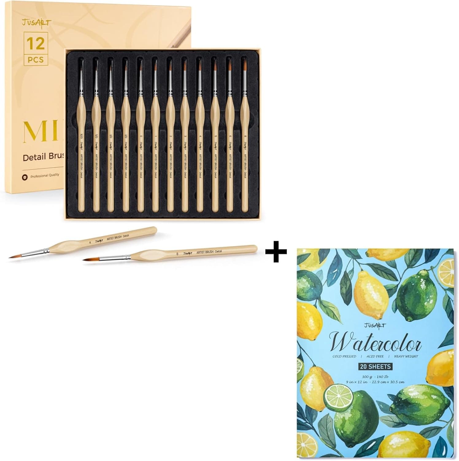 JUSART Detail Paint Brushes Set + Watercolor Paper Pad 9"x12"