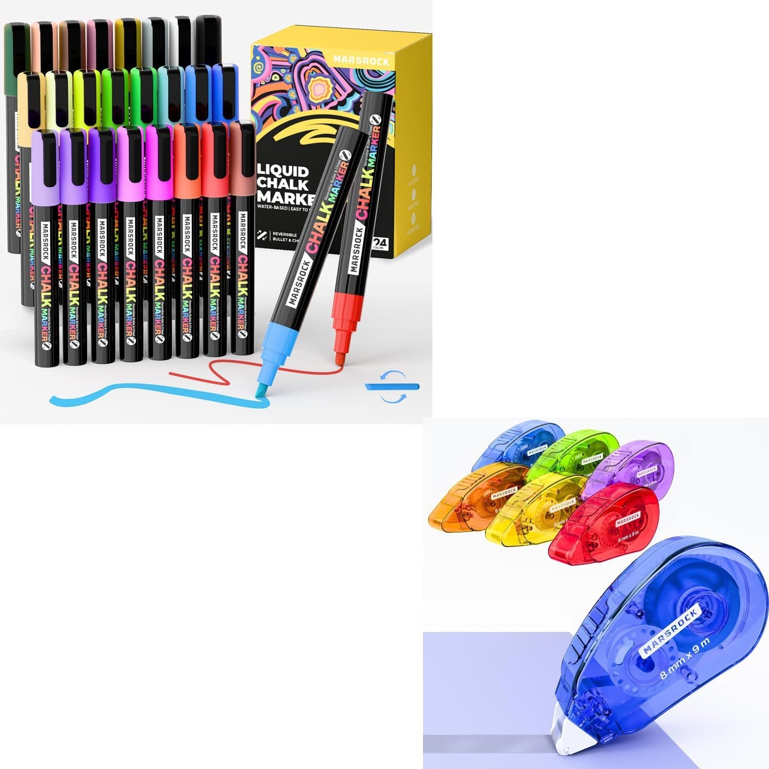 Marsrock Liquid Chalk Markers,24 Vibrant Colors Chalk Pens Double-Sided Tape Roller for Scrapbooking 6-Pack (0.31IN x 30FT)