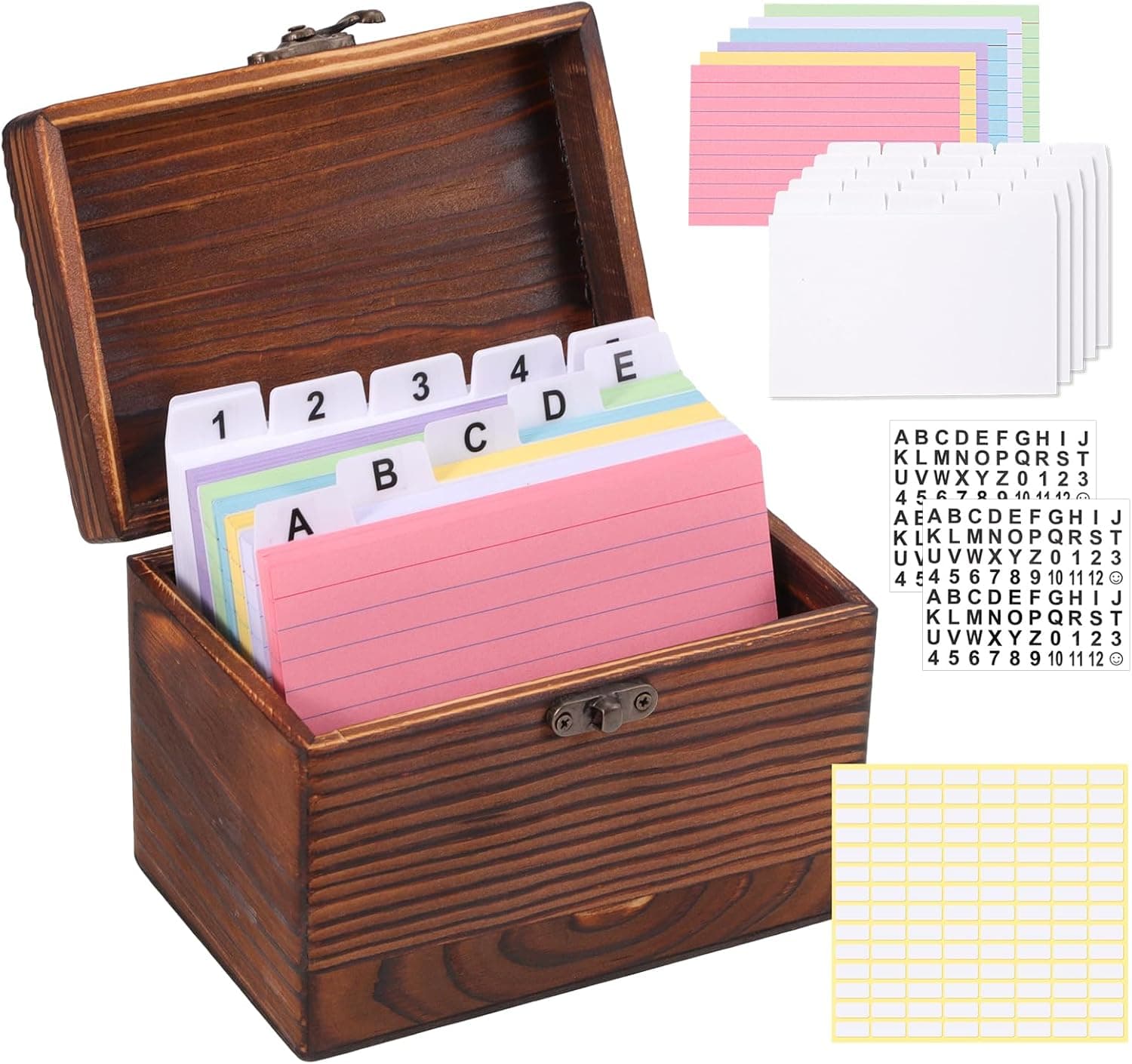 3x5 Index Card Box Wooden Origanizer Recipe Card Holder Set with Dividers | Rolodex Card Holder with Dividers & Cards, Desktop Storage Box for Recipes Flashcards Notes Photo Home Office Business