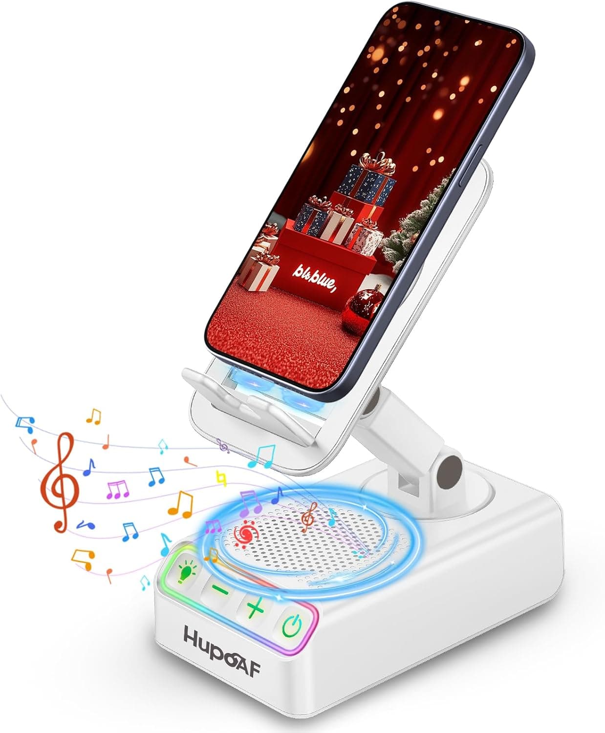 Adjustable Cell Phone Stand with Wireless Induction Bluetooth Speaker, HD Surround Sound & RGB Rhythm Lights, Foldable Portable Stand for Desk, Kitchen Counter, Home Office, Gift for Men Women Dad Mom