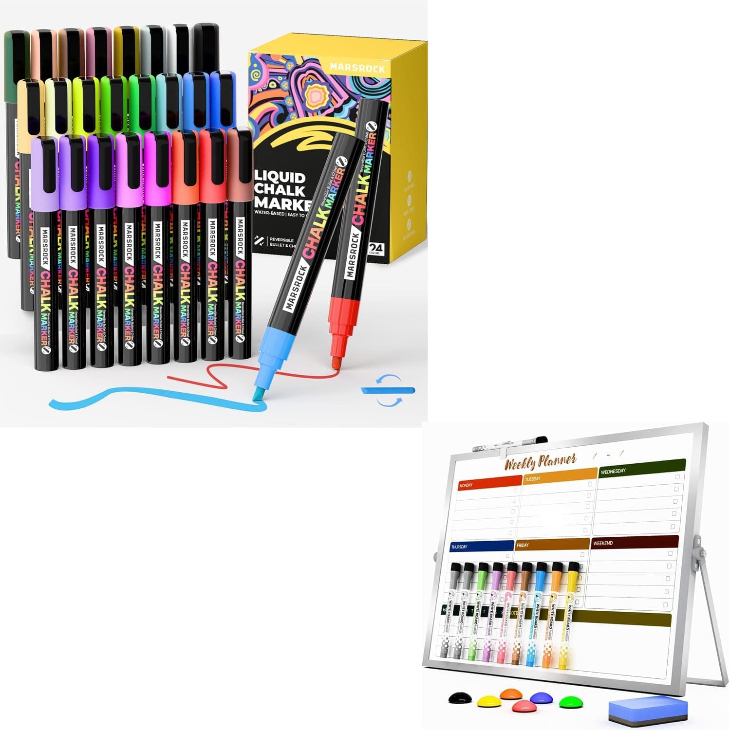 Marsrock Liquid Chalk Markers,24 Vibrant Colors Chalk Pens, Reversible Tip, Wet Erase, Water-Based Chalkboard Markers for Blackboards Dry Erase White Board with Stand