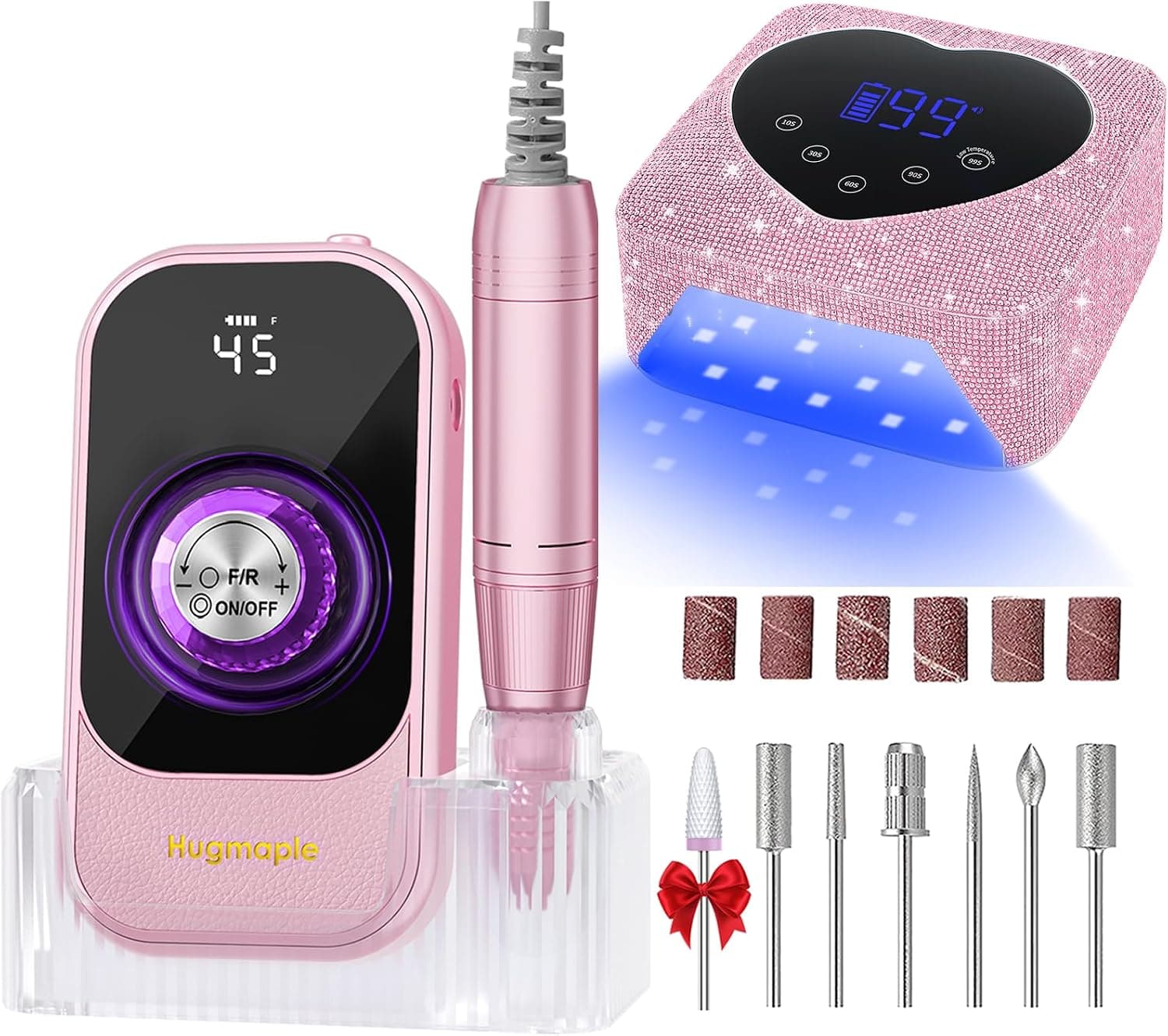45000RPM Portable Electric Nail Drill with 7 Bits & Base & Cordless Rechargeable UV Nail Lamp