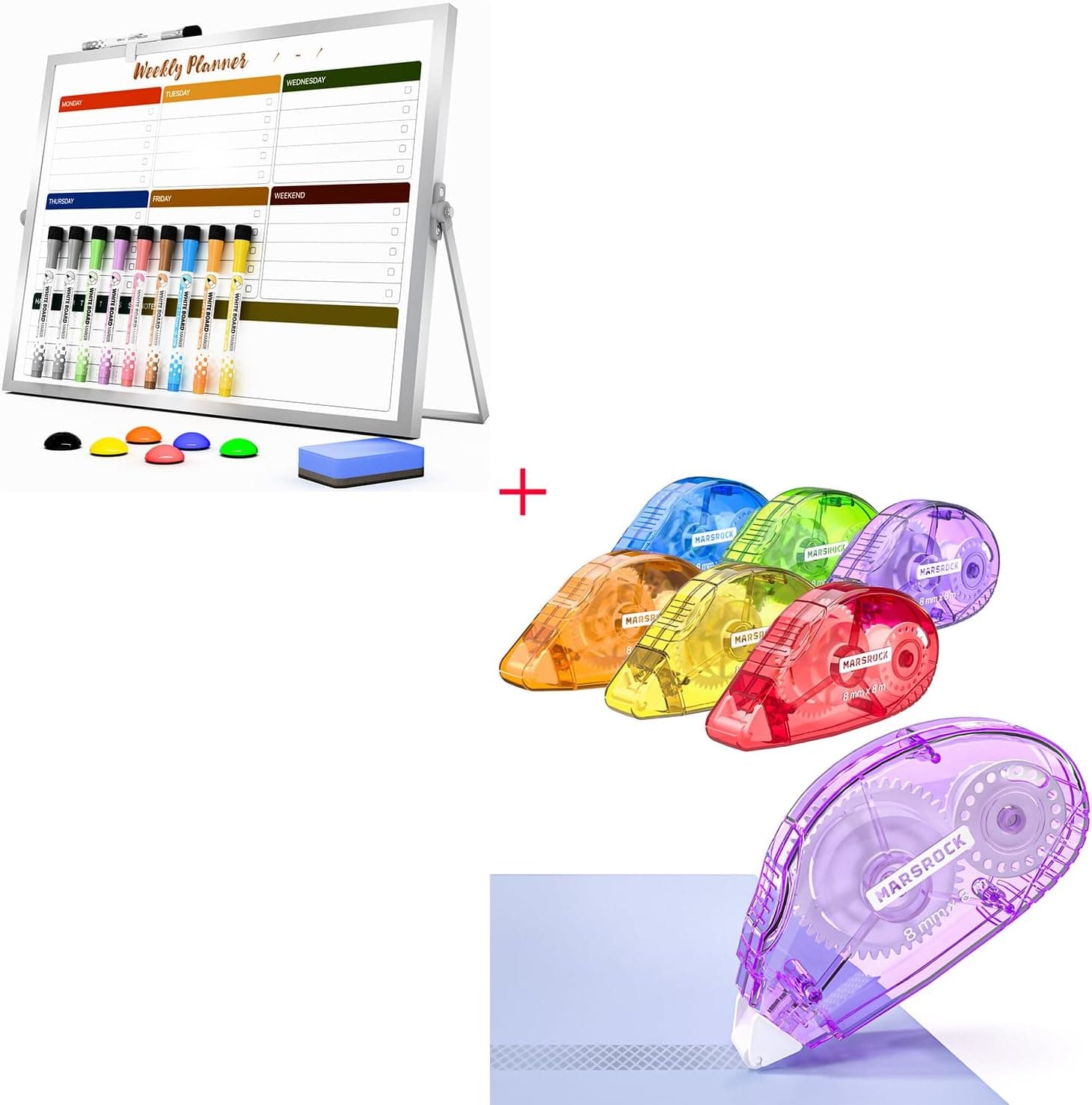 Marsrock Dry Erase White Board with Stand + Double-Sided Adhesive Dots Roller – 6 Pack