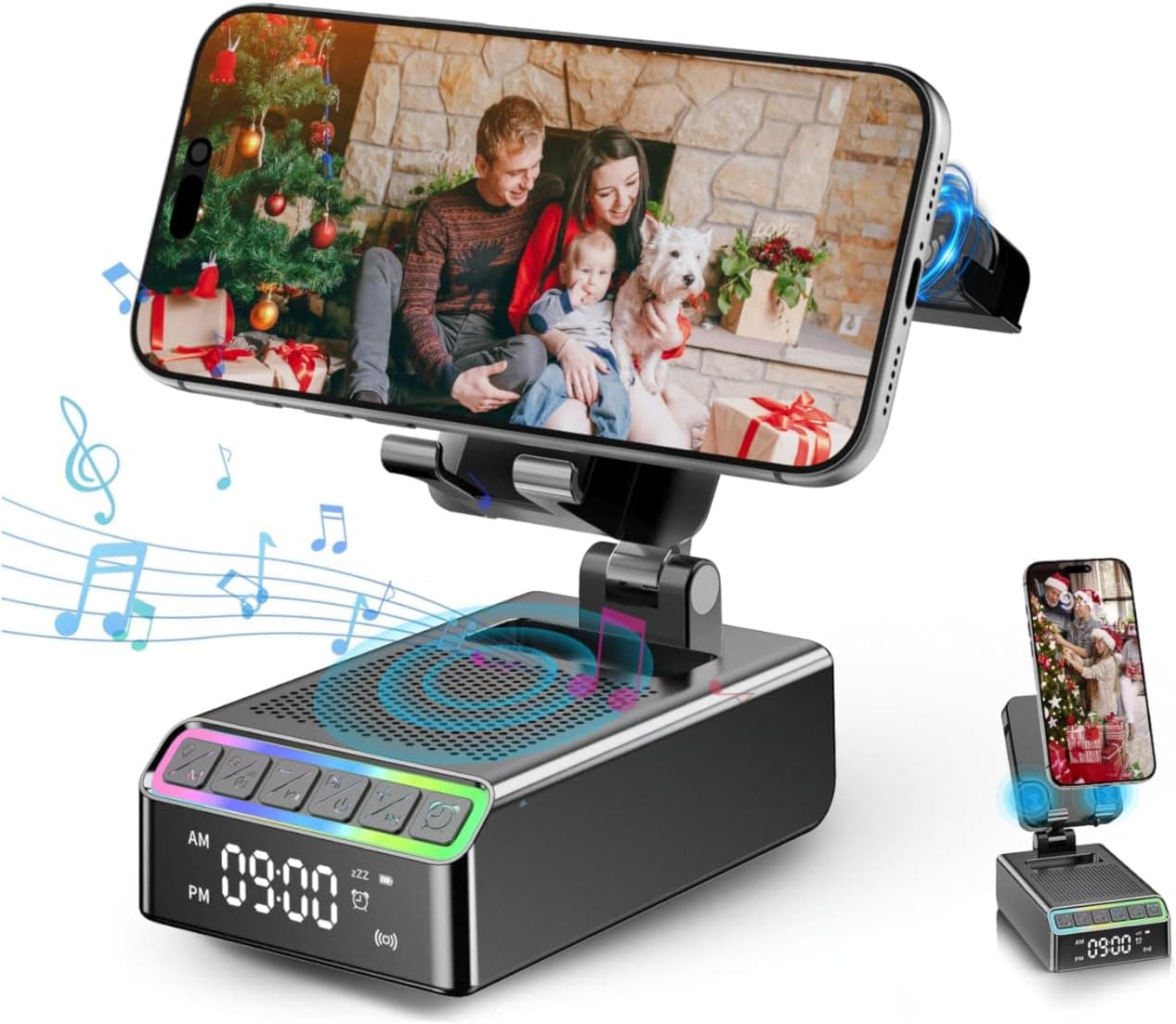 Hupoaf Wireless Induction Speaker/Phone Stand,9-in-1 Bluetooth 6.0 Speaker | (Landscape/Portrait)Induction,Stereo Sound,Adjustable Phone Holder,Alarm Clock/RGB,Home Office,Birthday Gifts for Men Women