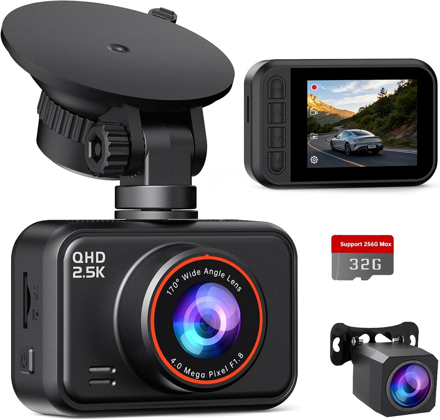 Dual Dash Cam Front and Rear — 2.5K HDR Night Vision Car Camera with G-Sensor & 24H Parking Monitor, Compact Plug & Play Dash Cam with Super Capacitor, 32GB Card Included, Supports 256GB Max