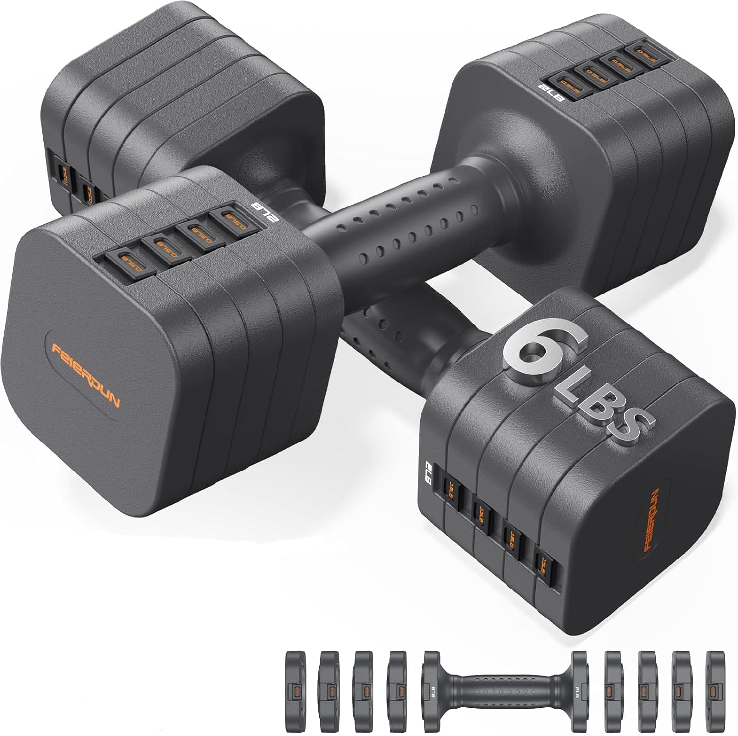 FEIERDUN DB3 5-in-1 Adjustable Dumbbell Set, 6LB/10LB Pair Adjustable Weights for Women at Home, Dual Locking Stable Hand Weights with TPU Soft Handle, Home Gym, Rehab, Pilates, Yoga, Strength Training
