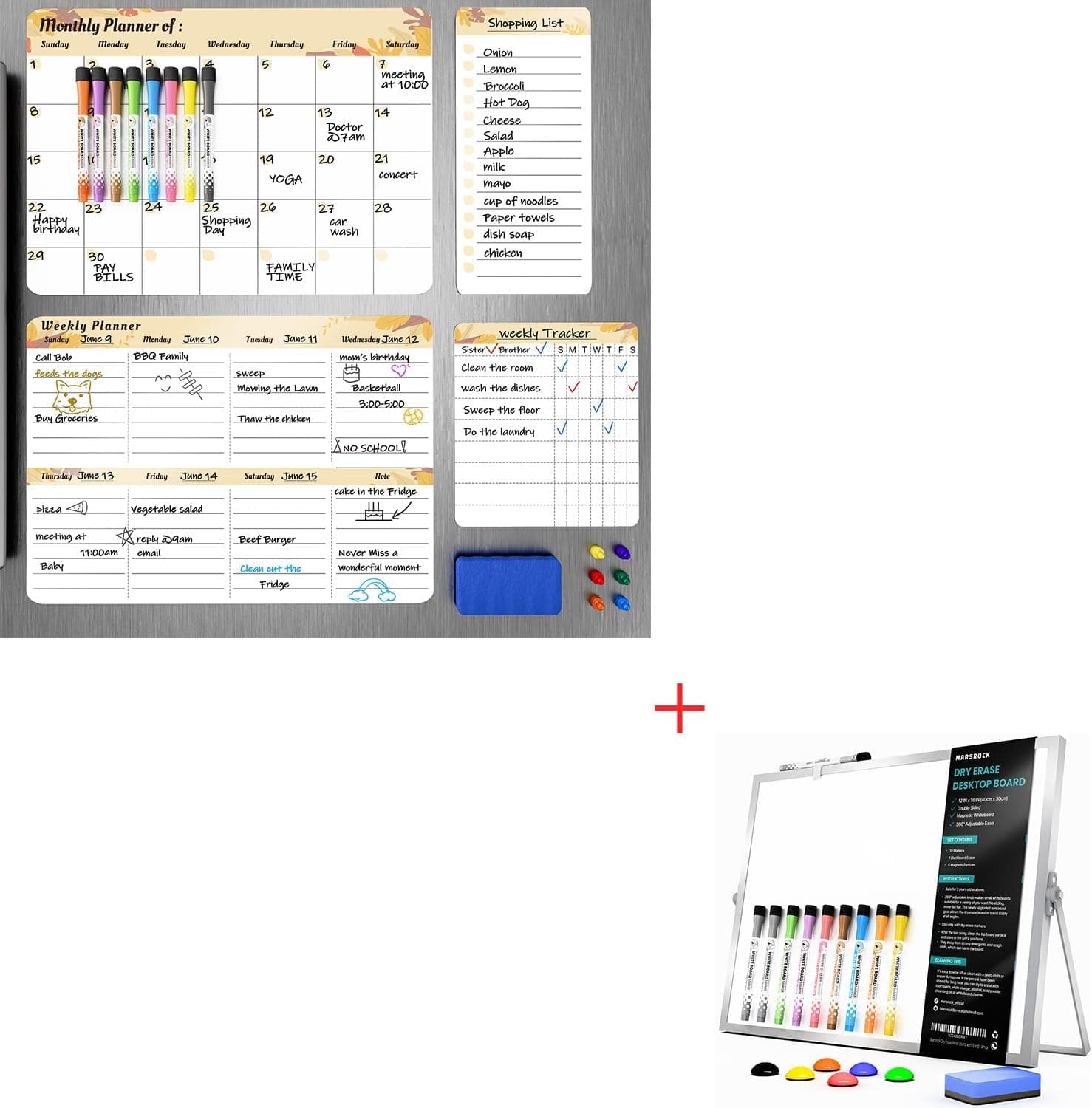 4 Pack Magnetic Dry Erase Calendar Whiteboard for Fridge + Dry Erase White Board with Stand