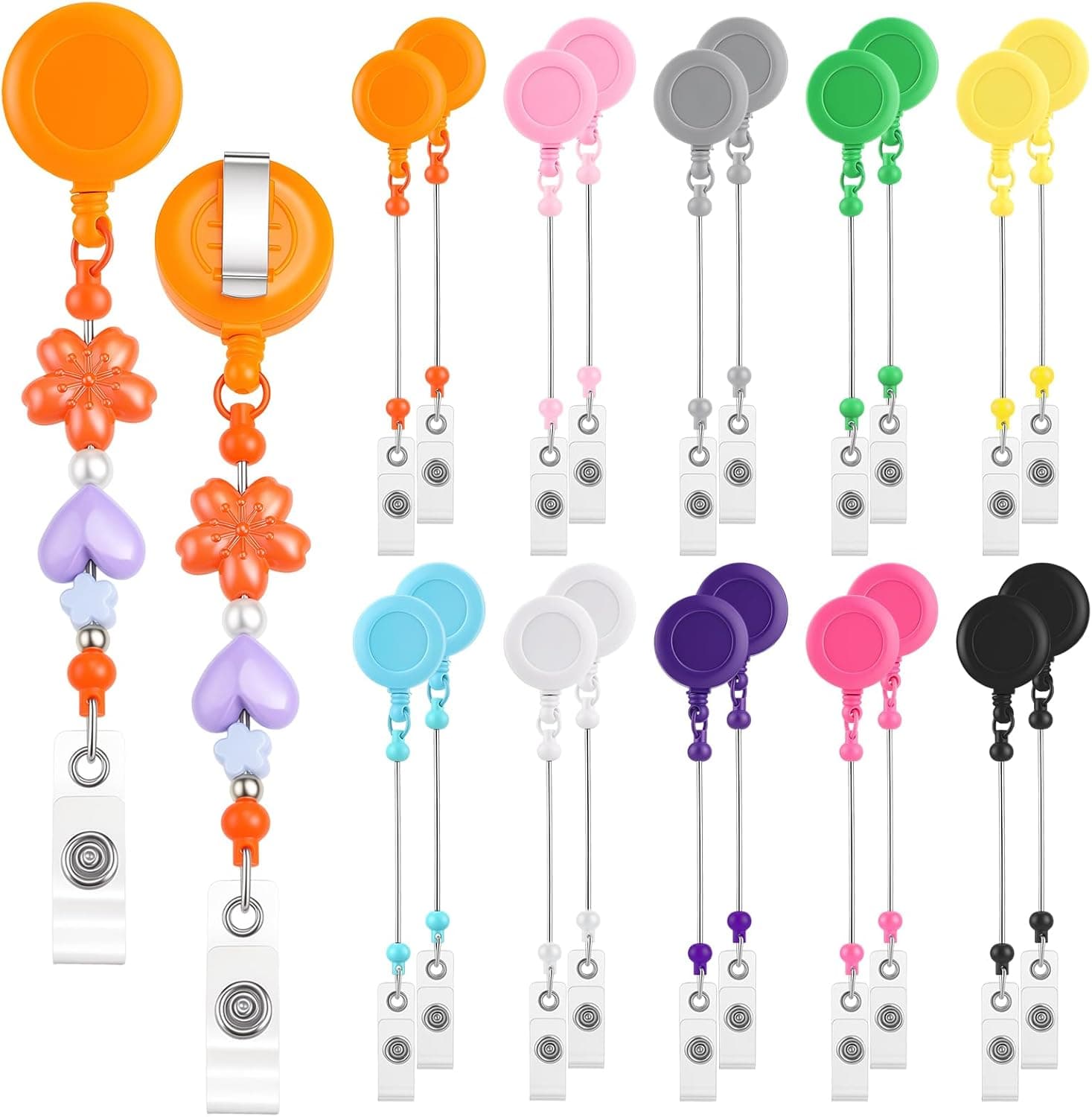 BESARME 20 Pcs Beadable Badge Reels Retractable ID Holder - for Nurses Teachers Office Workers DIY Craft Making Kit Bulk Pack Plastic Color Standard Size Belt Clip Users Set