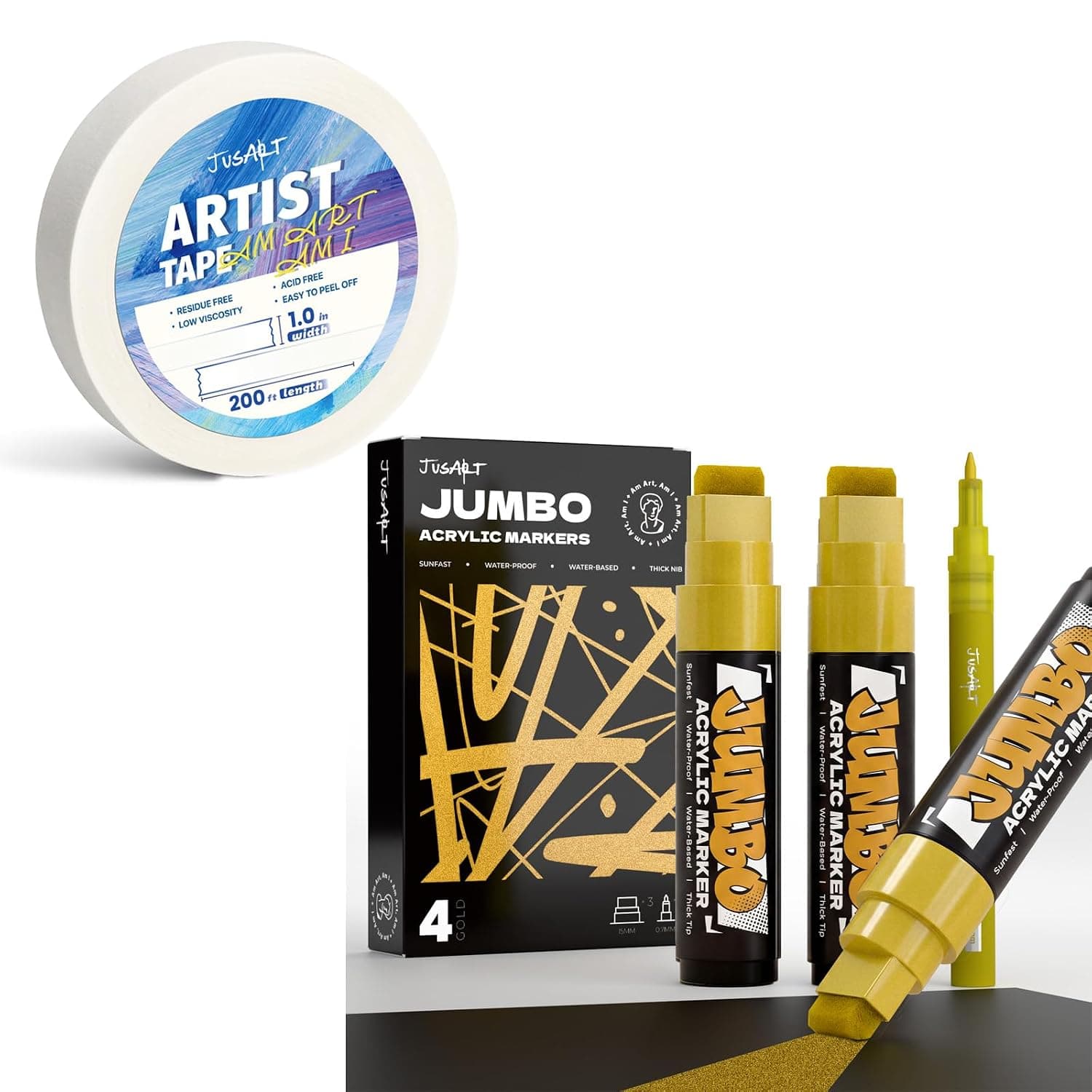JusArt 1 inch Wide 200FT Long Artist Tape 4 Pcs Gold Jumbo Poster Marker Set, 15mm and 0.7mm Fine Tip