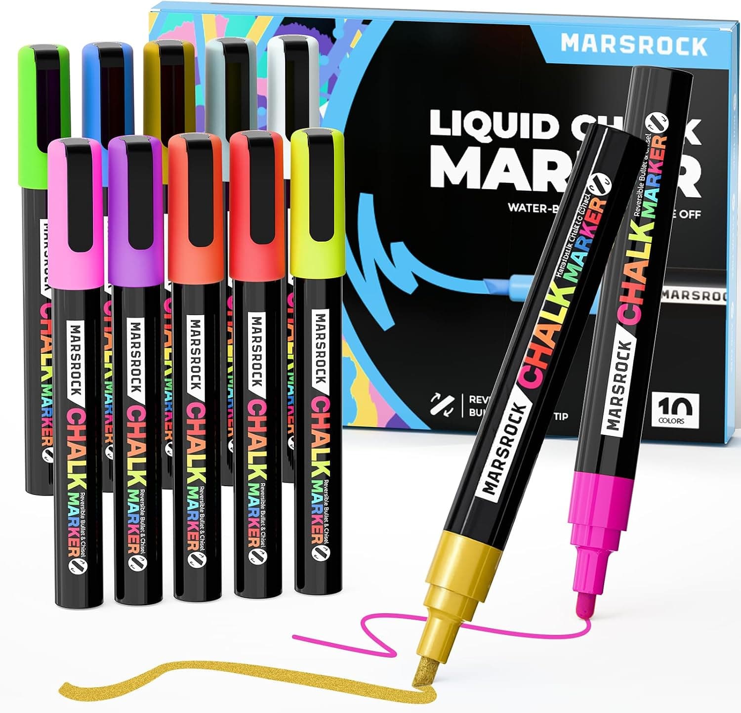 Marsrock Liquid Chalk Markers,10 Vibrant Colors Chalk Pens, Reversible Tip, Wet Erase, Water-Based Chalkboard Markers for Blackboards, Windows, Glass, Mirrors, Signs,Car– Ideal for Restaurants & Home