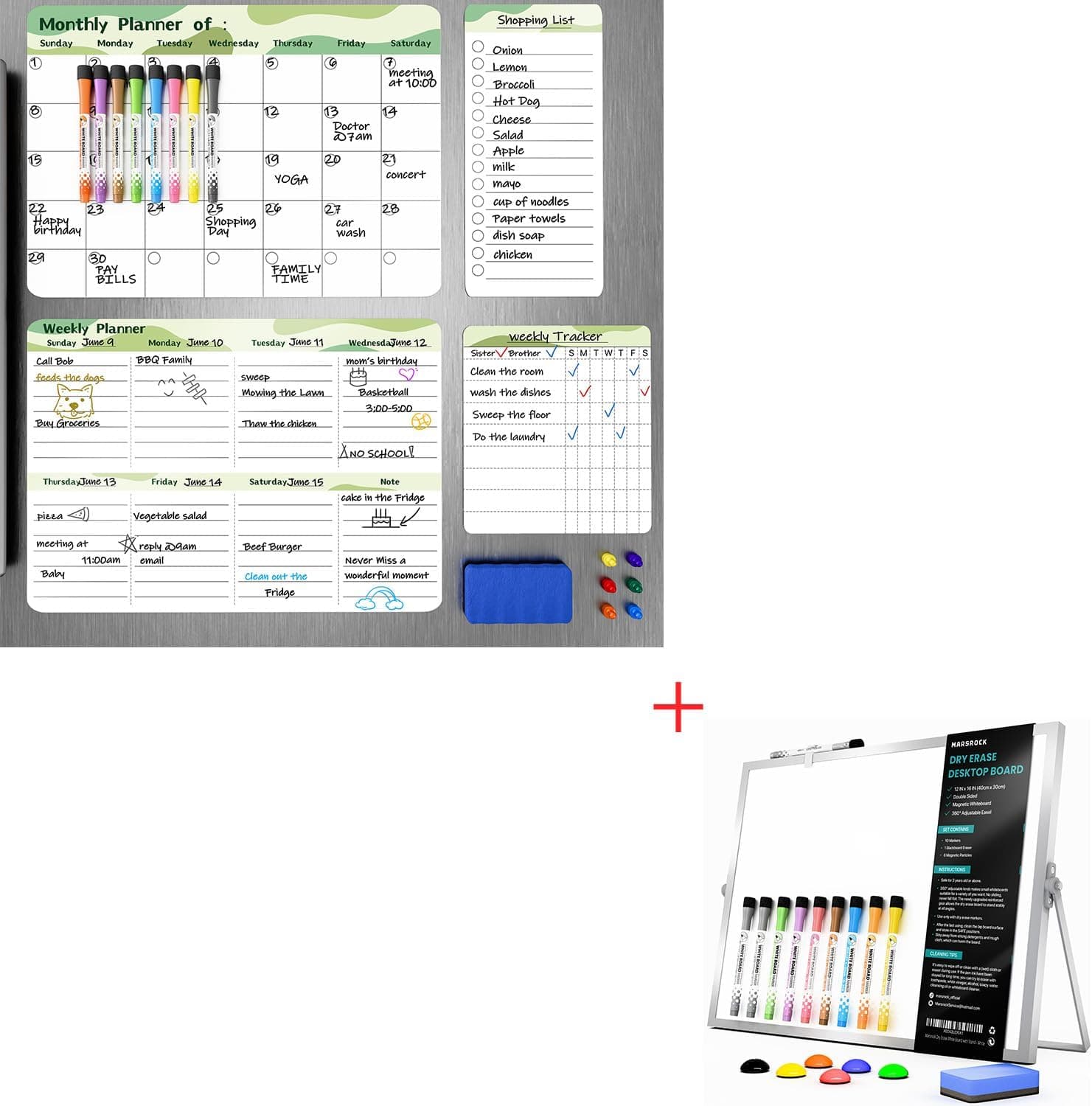 4 Pack Magnetic Dry Erase Calendar Whiteboard for Fridge + Dry Erase White Board with Stand