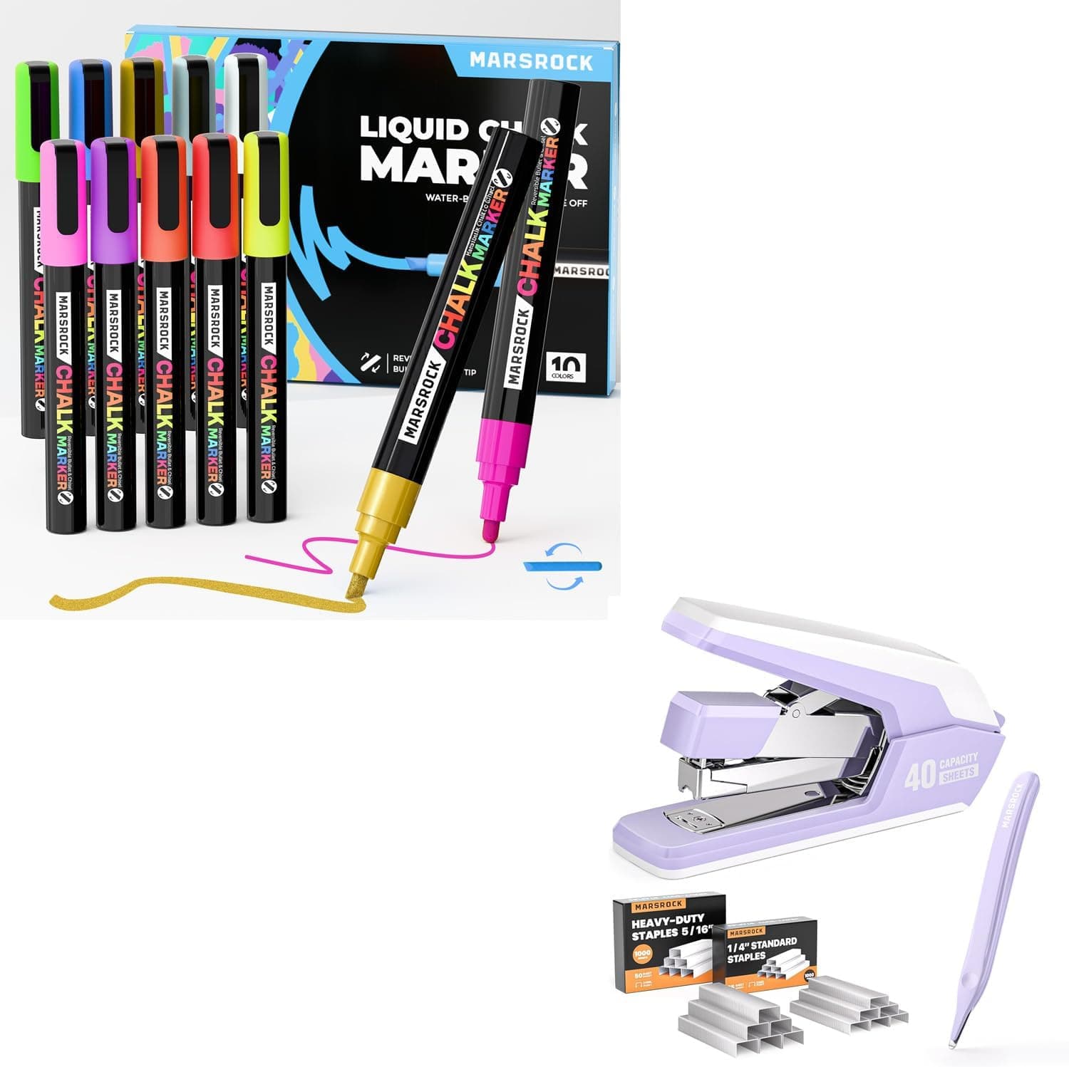 Marsrock Liquid Chalk Markers,10 Vibrant Colors Chalk Pens, Reversible Tip, Wet Erase, Water-Based Chalkboard Markers for Blackboards Effortless Stapler for Desk