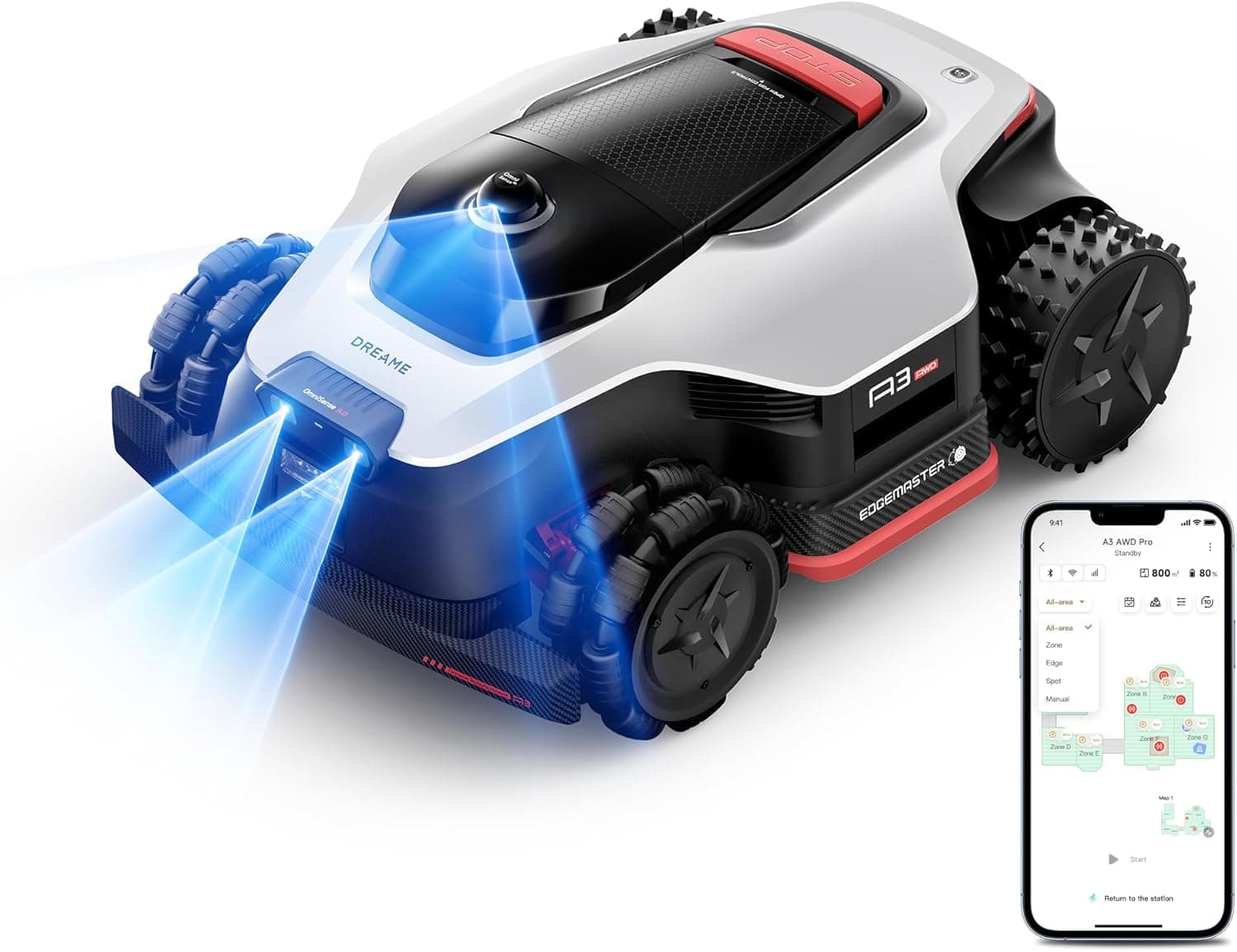 (Latest Upgrade) DREAME A3 AWD 1000 Robot Lawn Mower, 360° 3D LiDAR & AI Dual Vision Smart Robotic Mower for 0.25 Acre, 80% Slopes & 45min Fast Charge for Homeowners with Large/Steep Lawns
