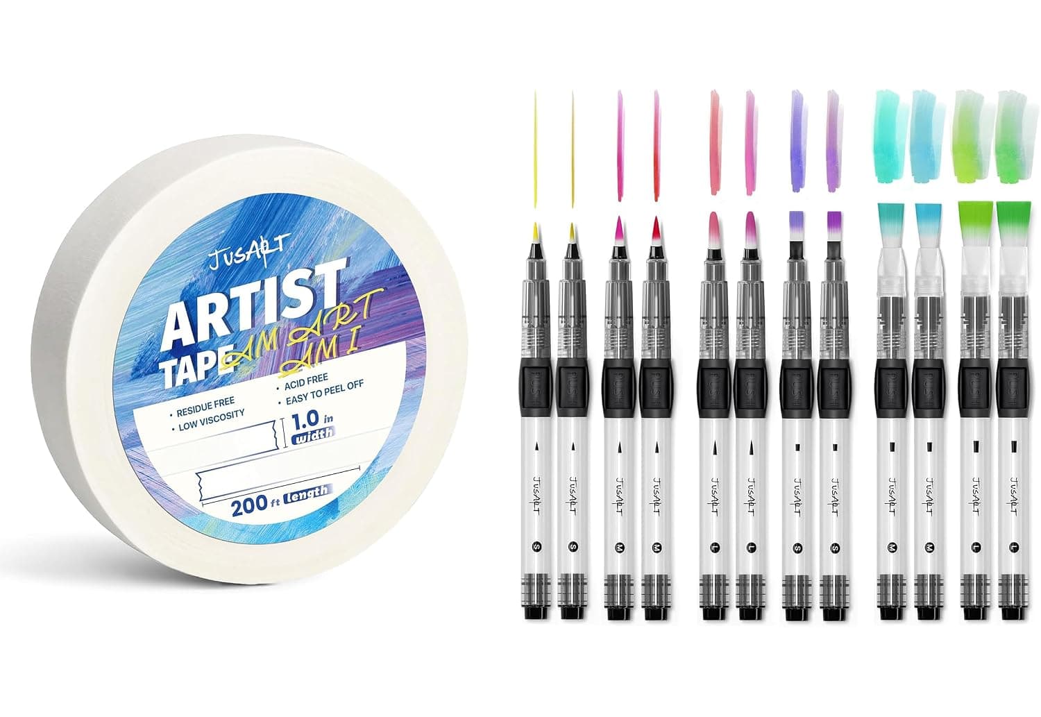 JusArt Artist Tape 1inch + Water Brush Pens 12-Pack
