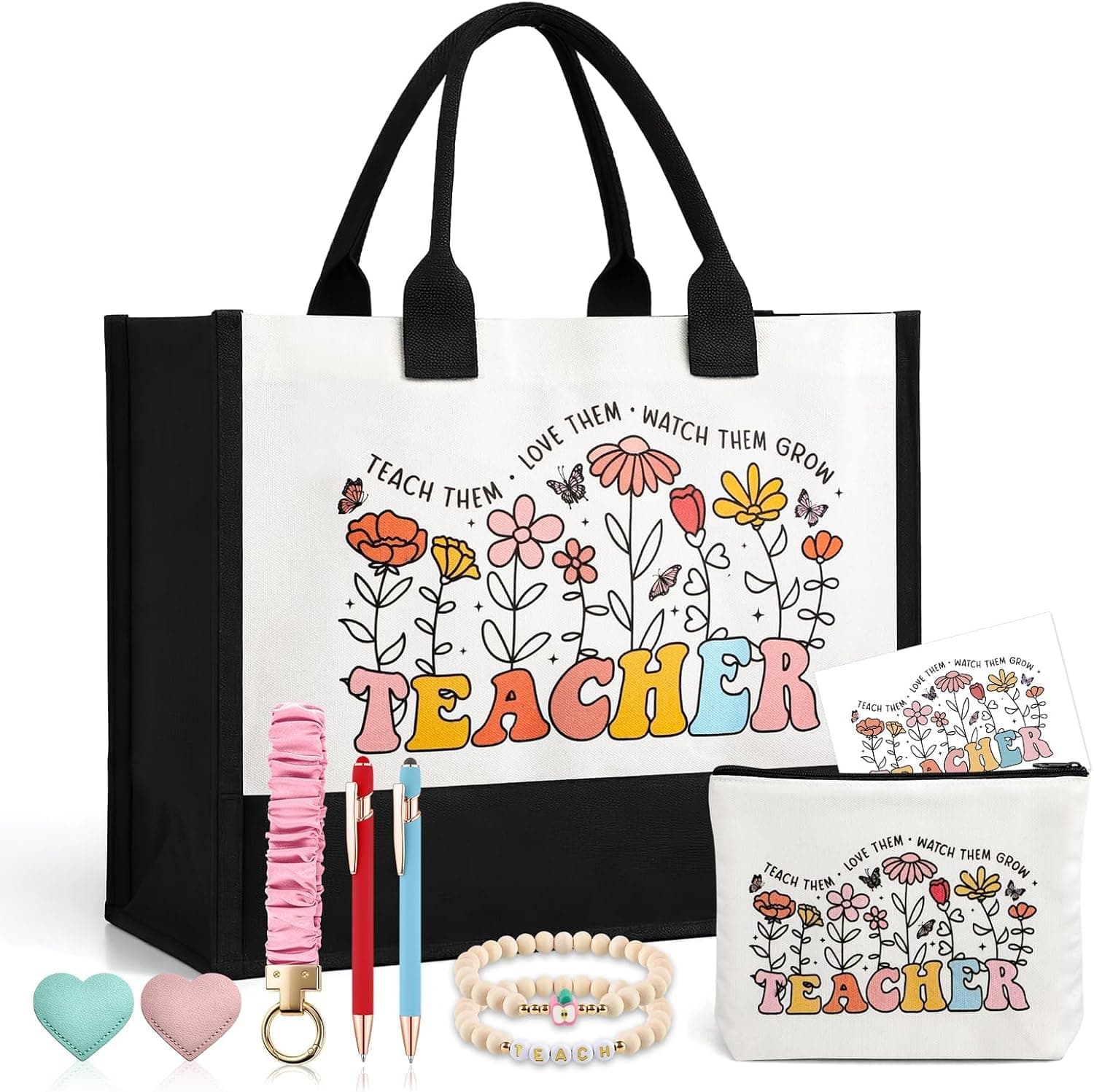 BESARME Teacher Appreciation Gifts Teachers Bracelet with Wooden Beaded Teacher Lanyard Thank You Cards Tote Bag Zippered Pouch Bookmarks Pens