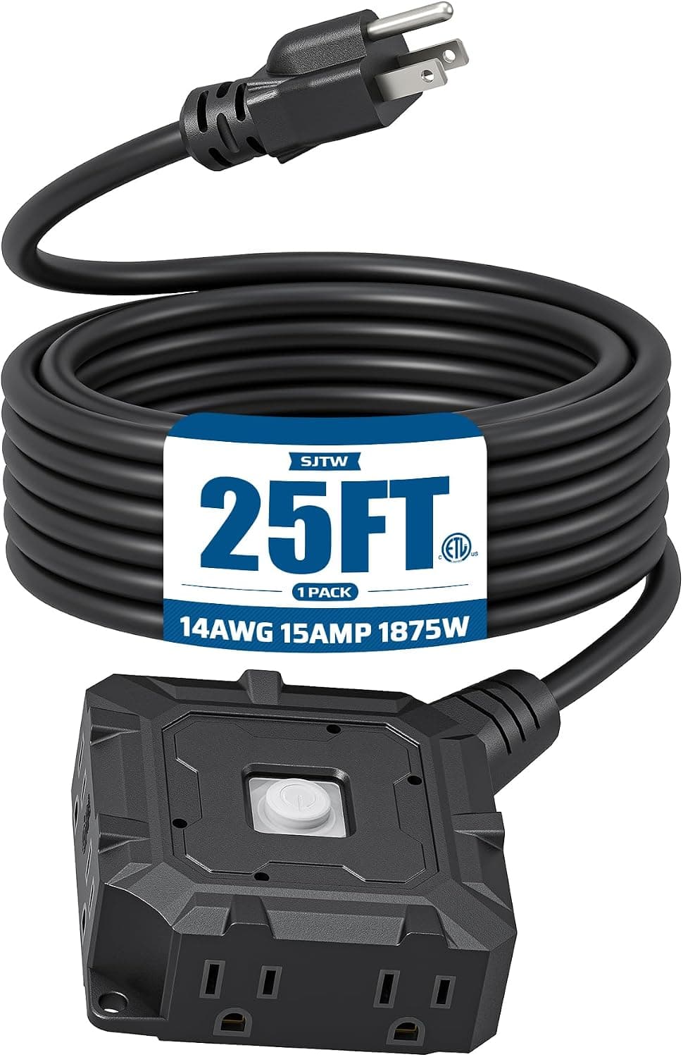 DEWENWILS 25FT Heavy Duty Outdoor Extension Cord, 6-Outlet with On/Off Switch & Waterproof Silicone Cover, 14/3 Gauge SJTW, Black Power Cord, 15A/125V/1875W, ETL Listed