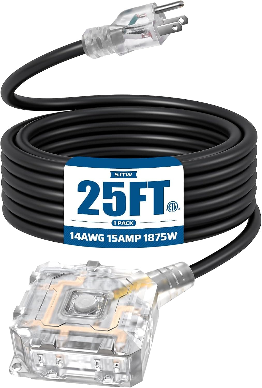 DEWENWILS 25FT Heavy Duty Outdoor Extension Cord, 6-Outlet with On/Off Switch & Waterproof Silicone Cover, 14AWG SJTW, Black Power Cord for Workshop Tool, Electrical Equipment, 15A/125V/1875W
