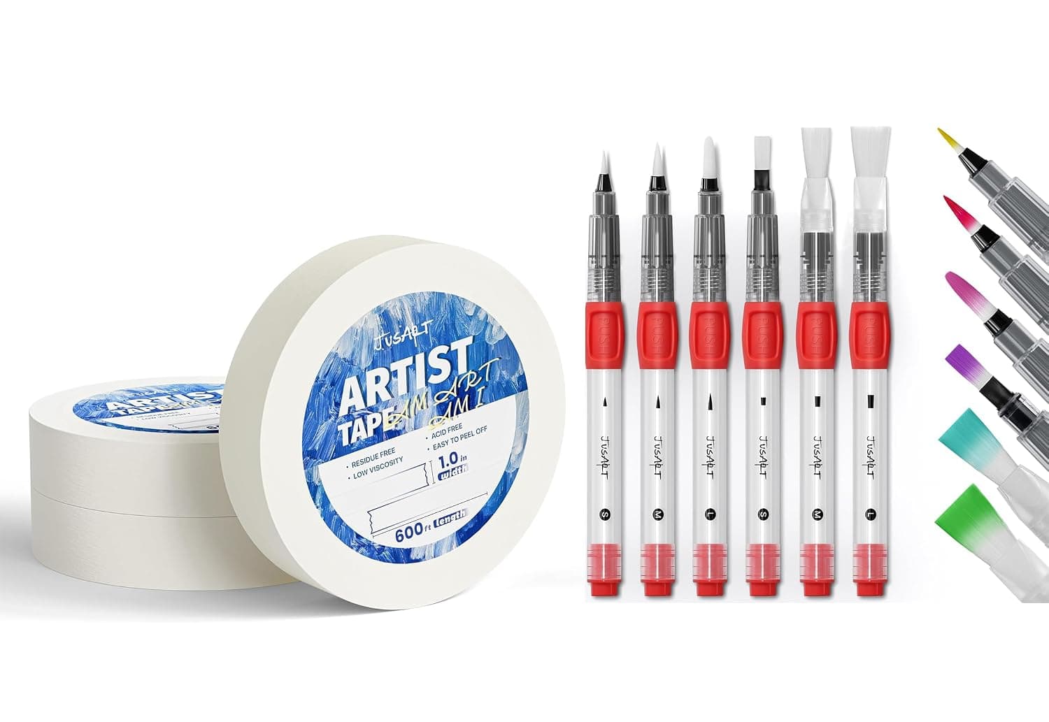 JusArt 3 Packs Artist Tape 1 inch + Water Brush Pens 6-Pack