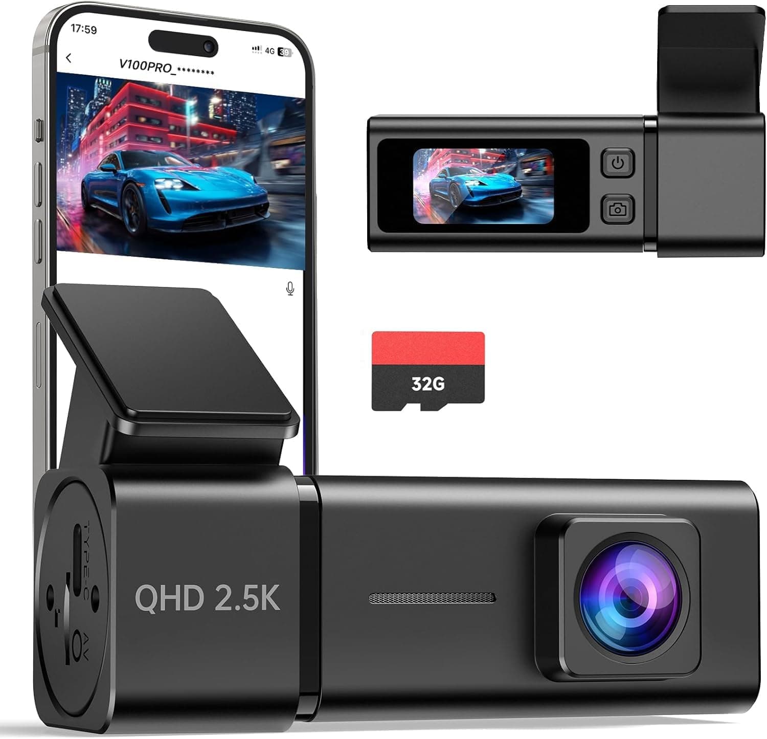 Dash Cam 2.5K Front Dash Camera for Cars with App, WiFi Mini Dashcam Built-in IPS Screen, Night Vision, G-Sensor, Smart Voice, Loop Recording, 24H Parking Mode, 32G SD Card Included, Support 256GB Max