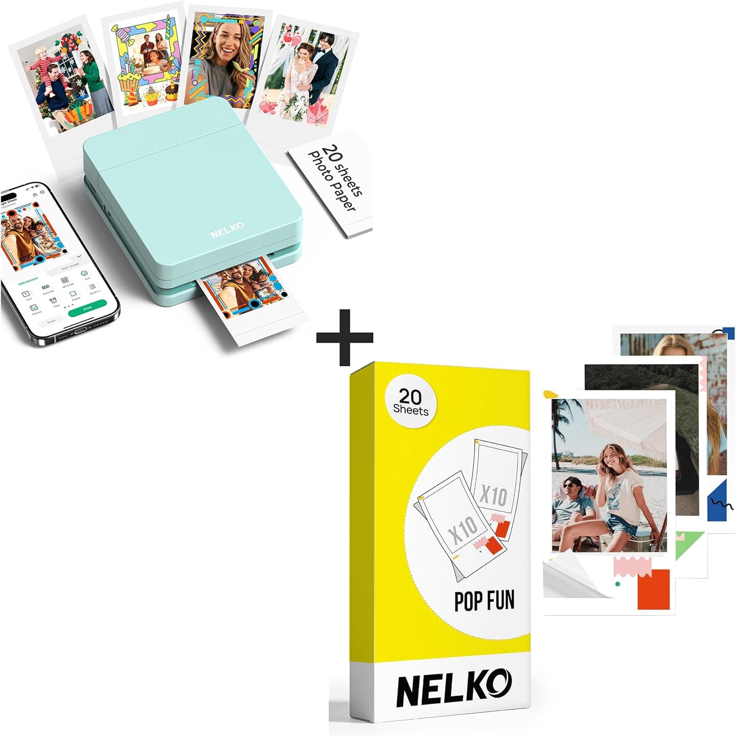 Nelko Photo Printer, PP01 Color Portable Photo Printer, Instant Smartphone Inkjet Sticker Printer for iOS & Android, Sticky-Back Photos, Picture Printer with 20 Sheets Pop Fun Photo Paper, Green