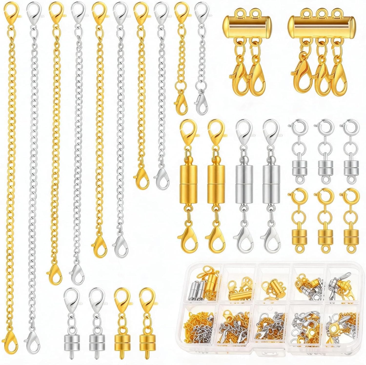 BESARME 36 Pcs Necklace Extender 5 Style 2 Colors Gold and Silver Clasps Chains for Women Seniors Long Nails Daily Wear Special Occasions DIY Jewelry Projects - Adjustable Necklace Length