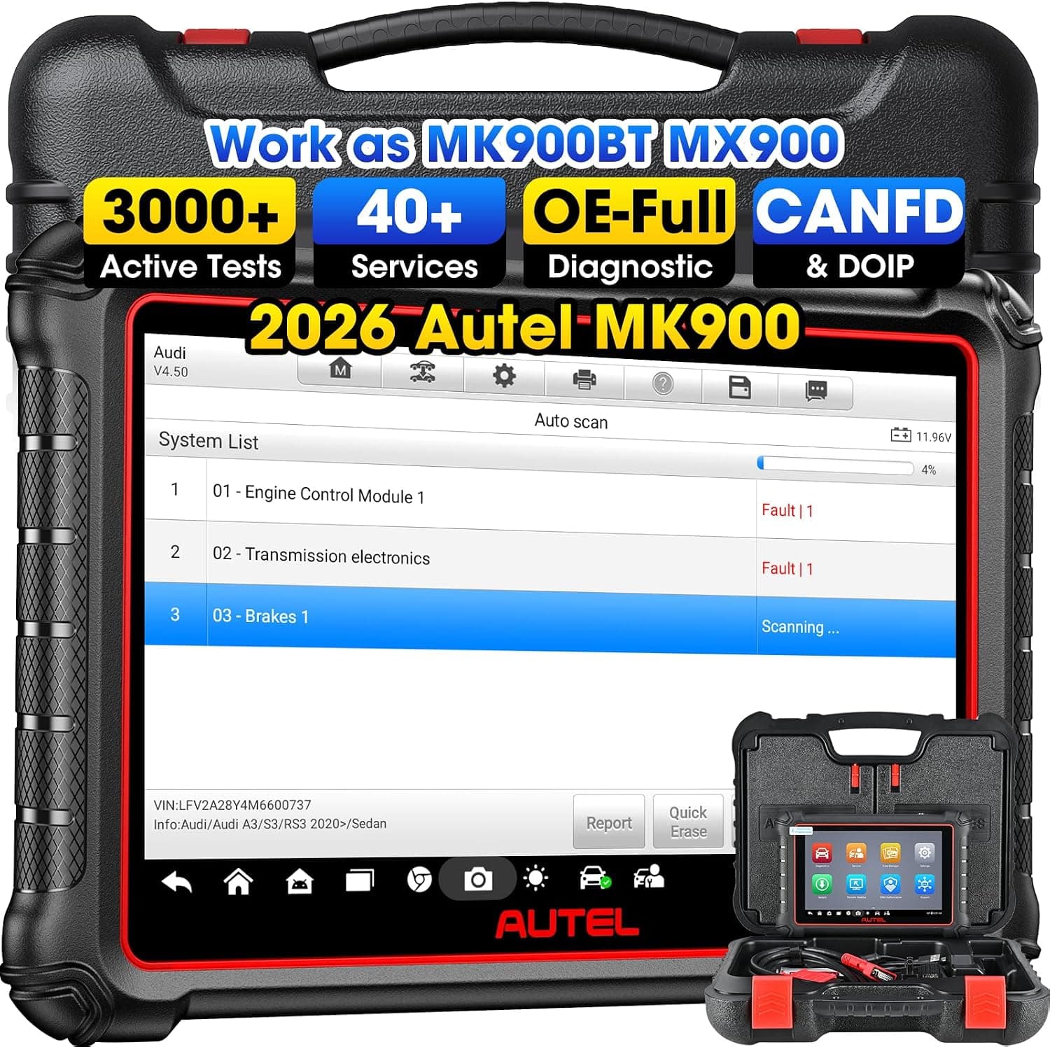 Autel MK900 Scanner, 2026 OBD2 Diagnostic Tool Up of MK808S MX808S MK808BT, Works as MaxiCOM MX900 MK900BT MK900-BT w/ 3000+ Bidirectional Active Tests, All System, 40+ Resets, DOIP CANFD, FCA