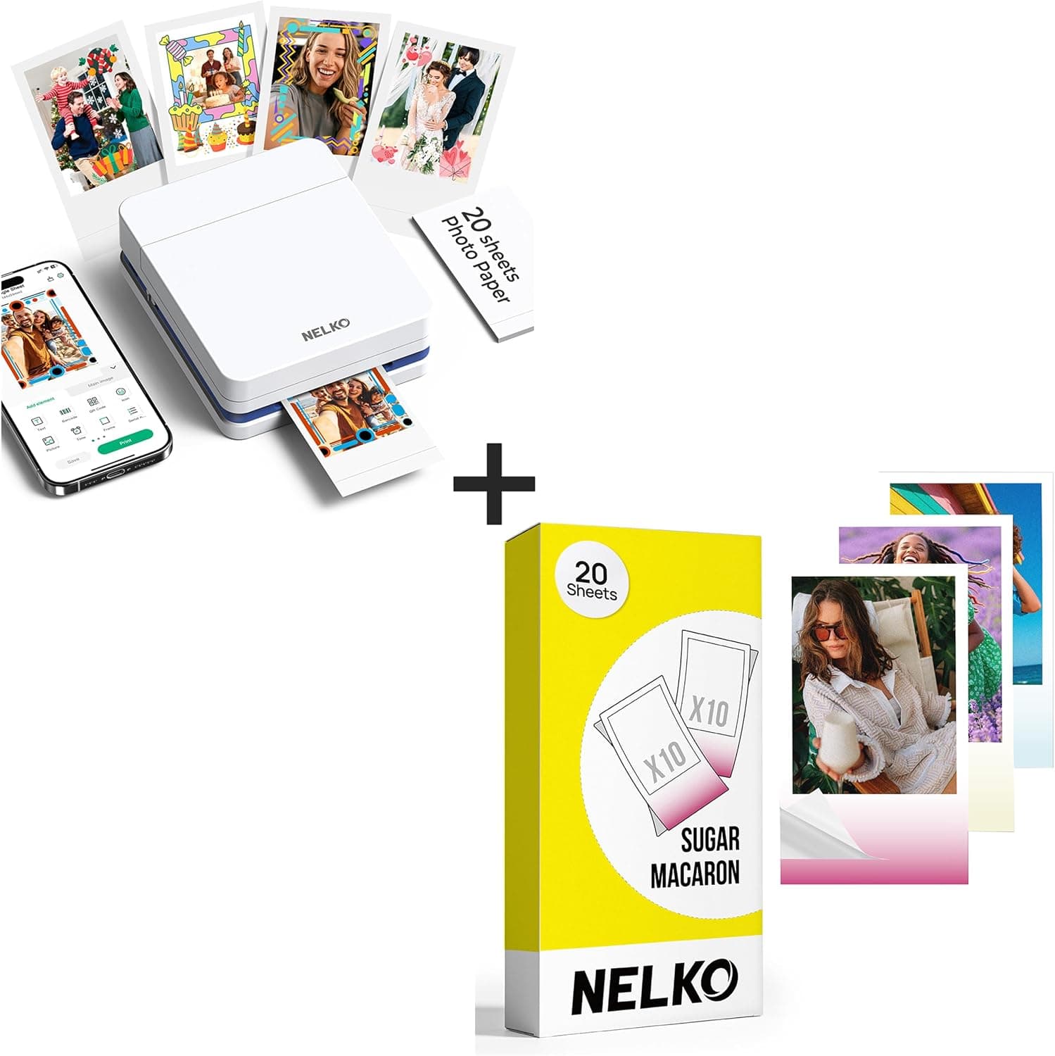 Nelko Photo Printer, PP01 Color Mini Photo Printer, Instant Smartphone Inkjet Sticker Printer for iOS & Android, Sticky-Back Photos, Picture Printer with 20 Sheets Sugar Macaron Photo Paper, White