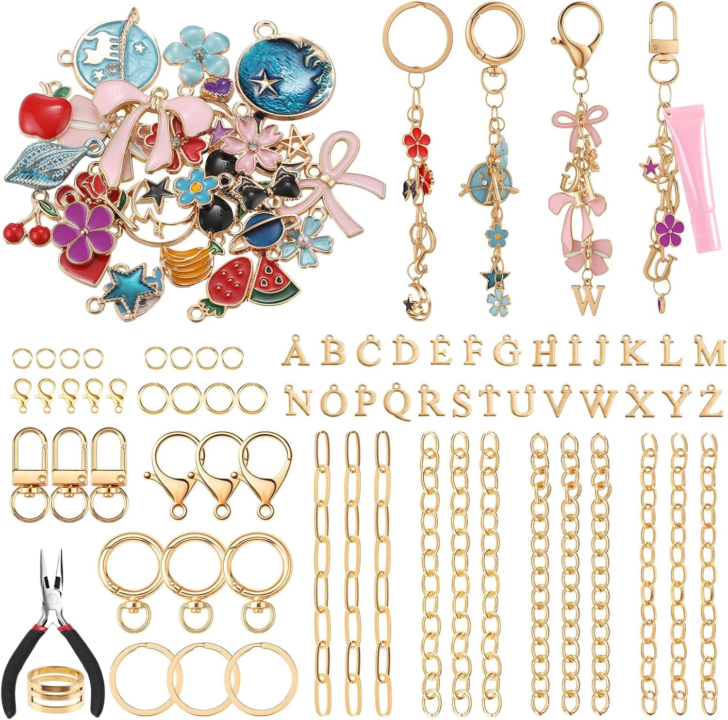 BESARME 230Pcs Keychain Making Kit with Lip Gloss Holders, Letter Pendants and Colored Charms - DIY Craft Kit for Handmade Gifts, Bag Accessories, Valentine's Day, Birthdays and Group Activities