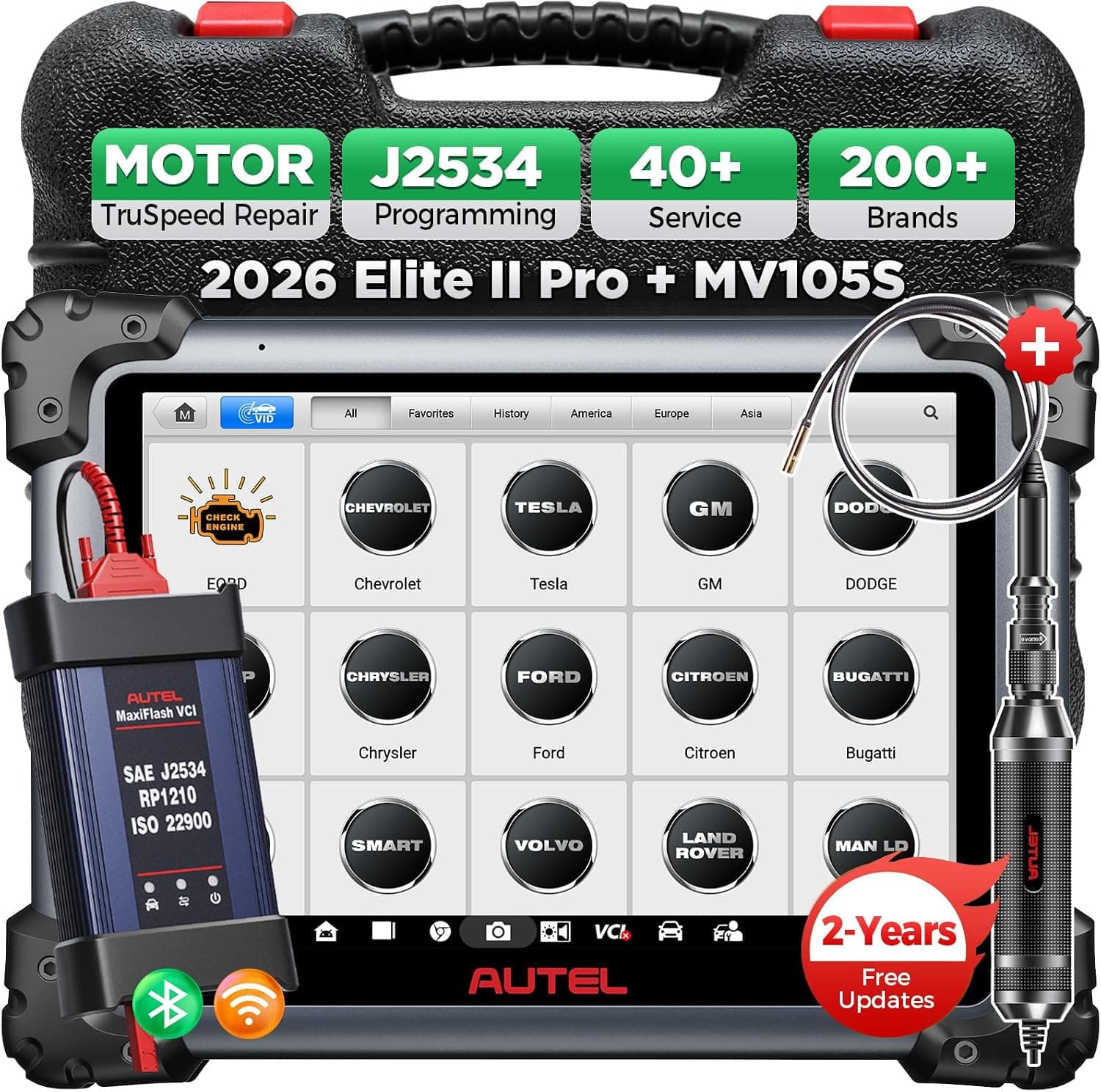 Autel Scanner MaxiSys Elite 2 PRO: 2026 2-Year Updates Elite II PRO w/ MV105S, J2534 Programming as Ultra MS909 MS919 Up of MS908S PRO II, Motor TruSpeed Repair, 40+ Resets, 3K Active Test, DOIP CANFD