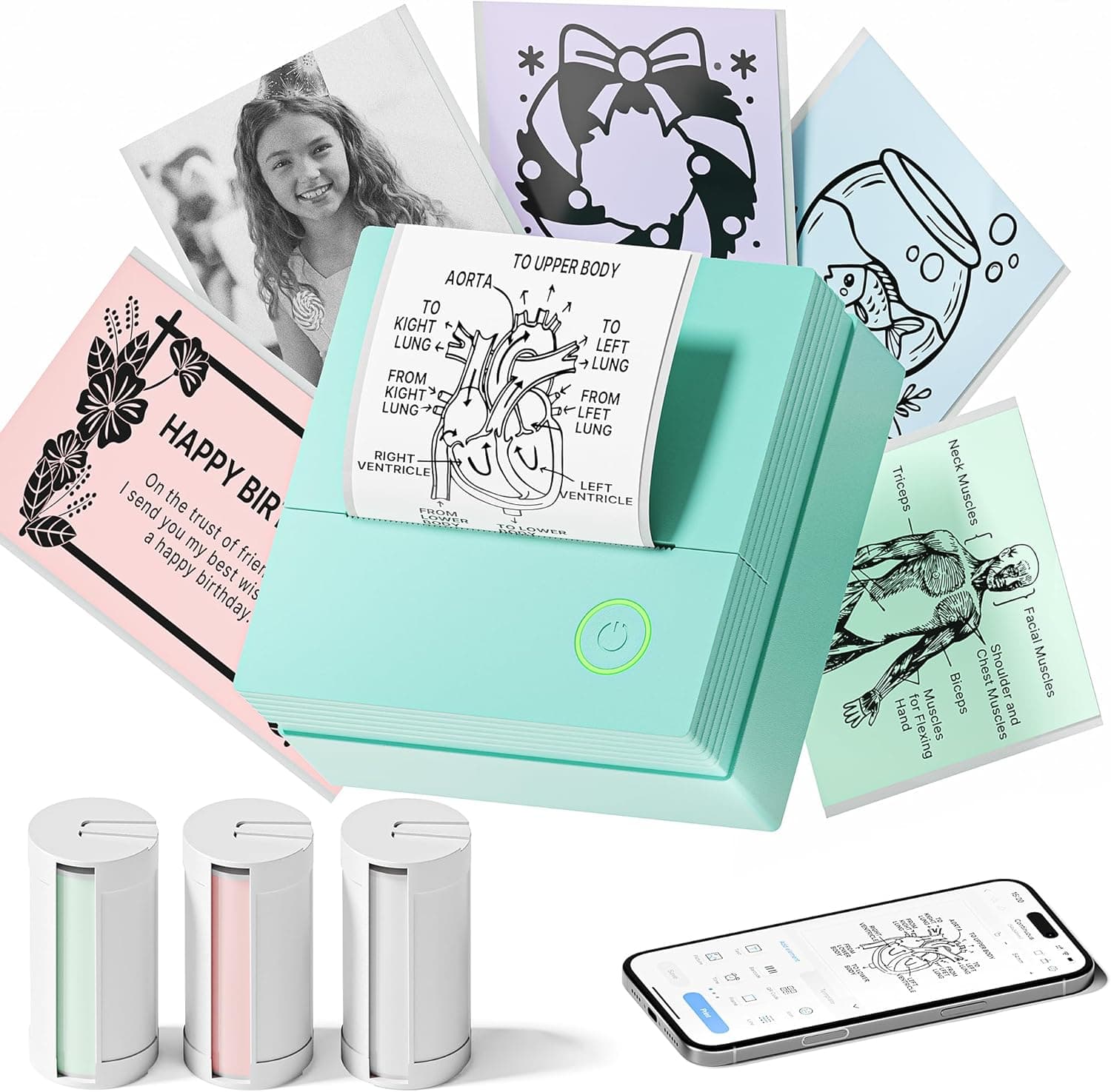 Sticker Printer, PM290 Mini Printer, Bluetooth Sticker Maker Machine with 3 Rolls Paper, Smart AI APP, Portable Print Pod for Study Note, Picture, List, DIY Gifts for School Office Home, Green