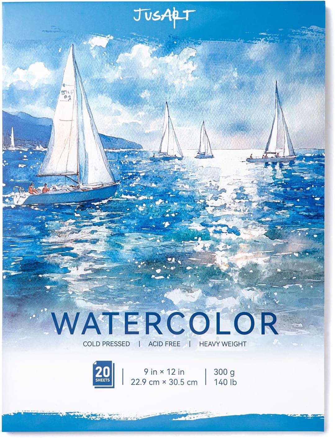 Jusart Watercolor Paper Pad 9"x12", 300gsm/140lb, Cold Press Water Color Paper, Acid-Free, for Wet & Dry Media, Watercolor, Gouache & Sketching, 20 Sheets, Perfect for Students and Artists
