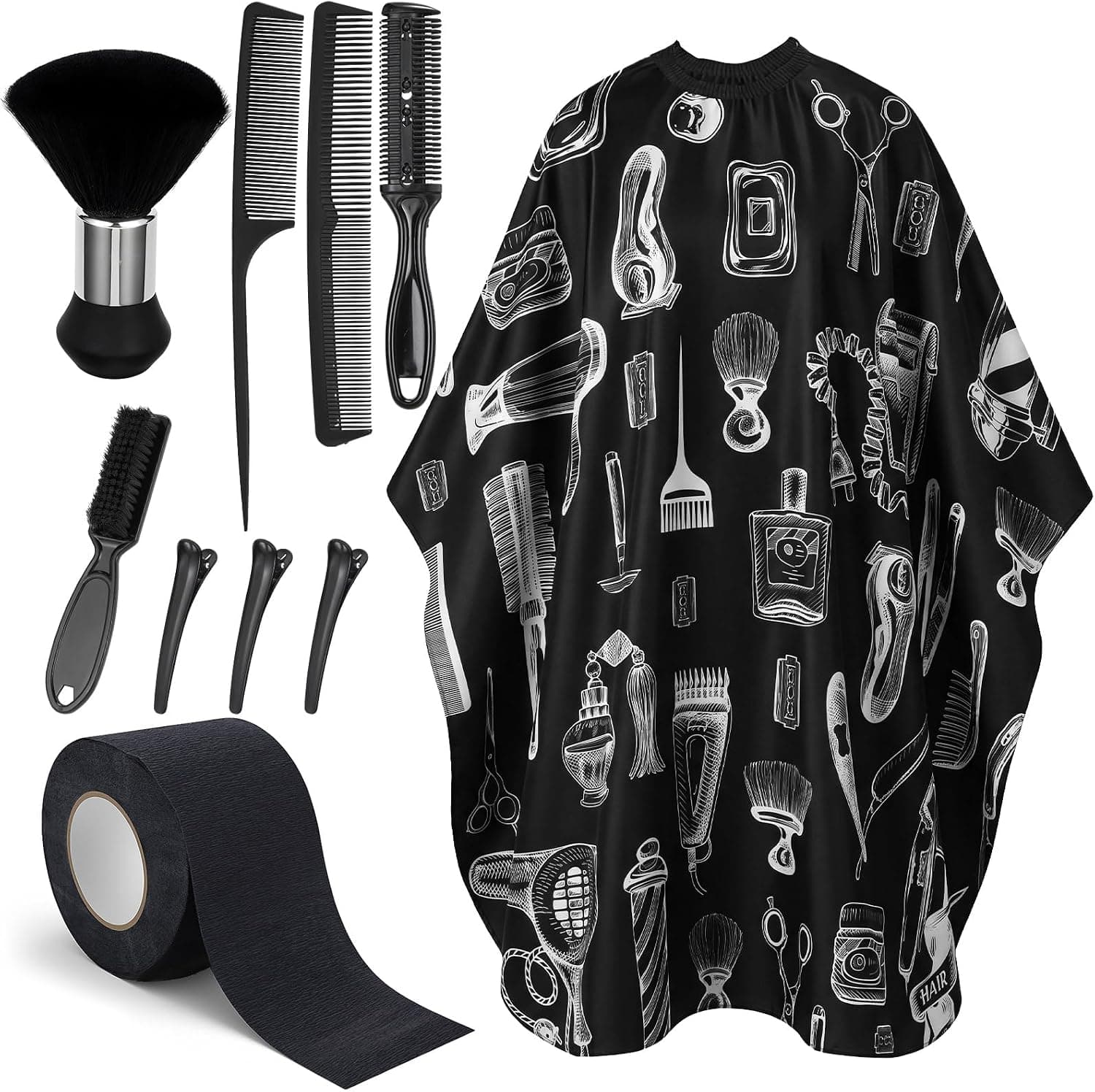 10 in 1 Barber Cape Kit, Hair Cutting Cape Neck Duster Brush Combs, Clips & Cleaning Supplies for Salon Home Barber Gifts for Men