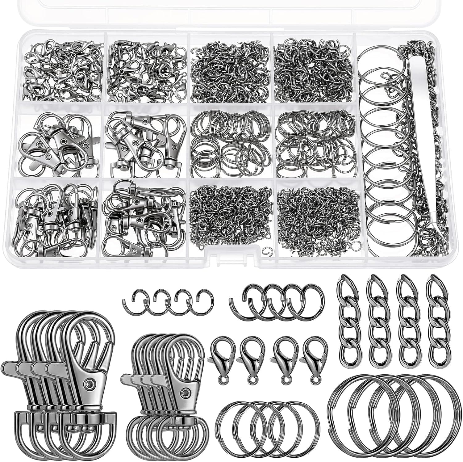 1130PCS Keychain Making Kit Jump Rings for Jewelry DIY Key Chain Supplies with Keyrings Bulk, Metal Lobster Claw Clasp, Swivel Snap Hook, Extender Chain for Crafts Accessories(Black)