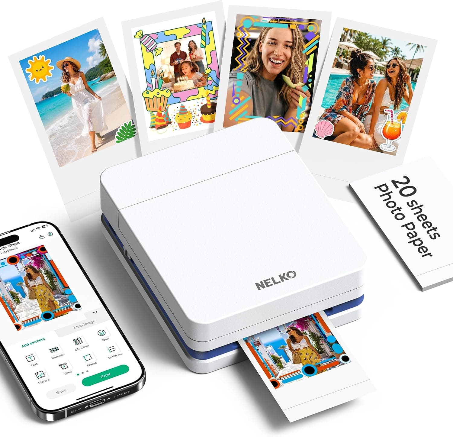Nelko Photo Printer, 2x3 Portable Wireless Smartphone Printer, PP01 Mini Color Instant Inkjet Printer, Sticky-Back Photos, Bluetooth Compatible with iOS & Android, App Editing, White