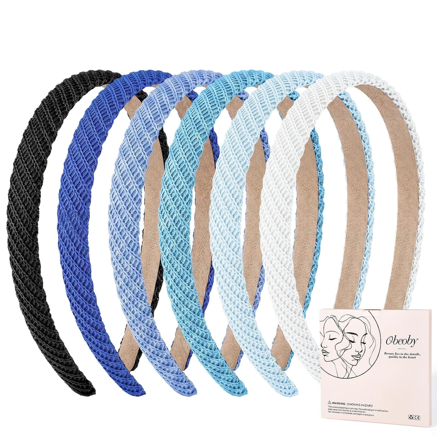 obeoby 6 Pack Blue Thin Knitted Hairbands for Girls, Soft Stretchy Fabric Headbands for Women's Hair Non Slip, Ideal for Daily Wear, Parties, Dates, and Back to School