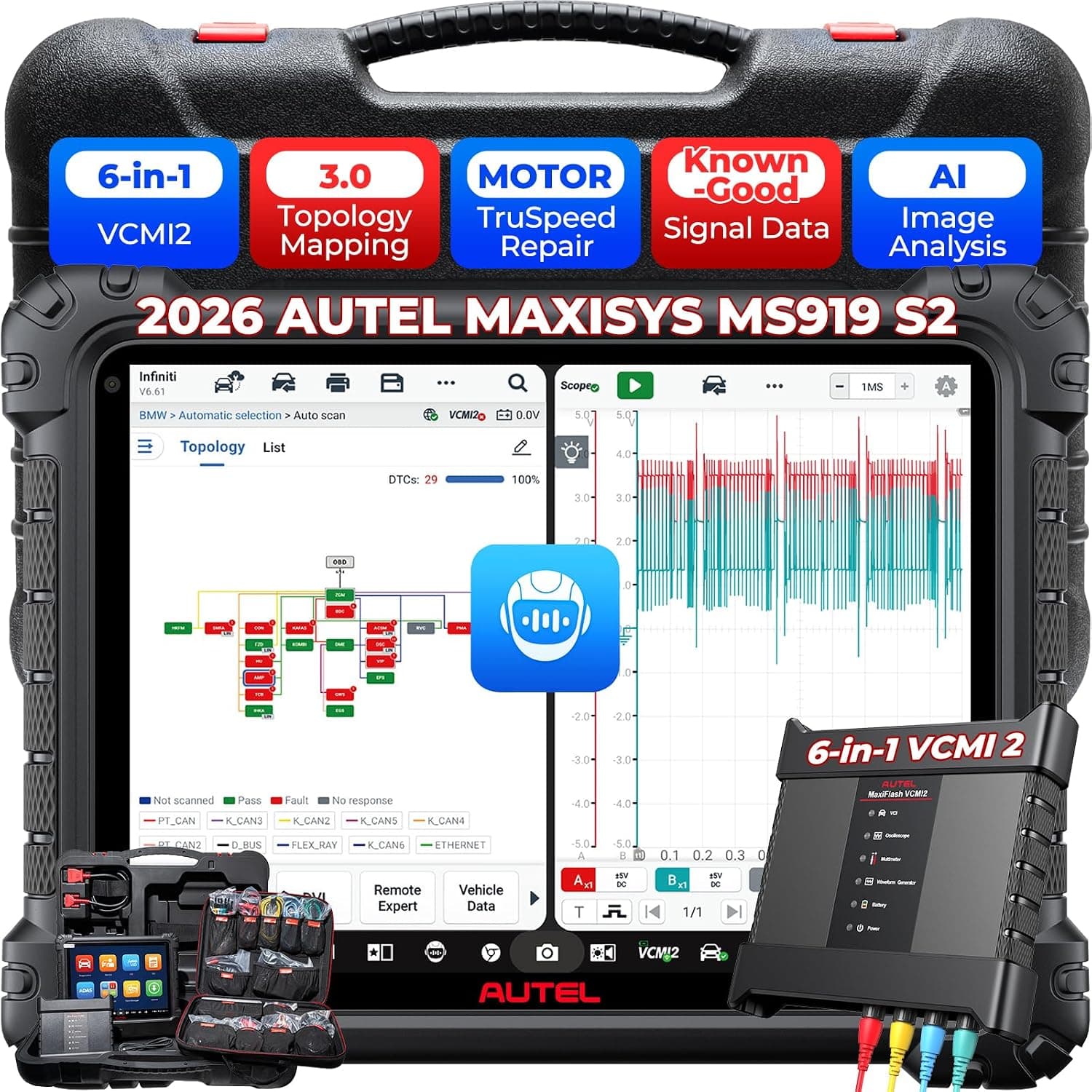 Autel MaxiSys MS919 S2 Scanner, Same as Ultra S2, Up of Ultra MS909 S2 MS919, 2026 Top Intelligent Diagnostic Tool, 6-in-1 VCMI2, Topology 3.0, J2534 ECU Programming, MOTOR TruSpeed, AI Image Analysis