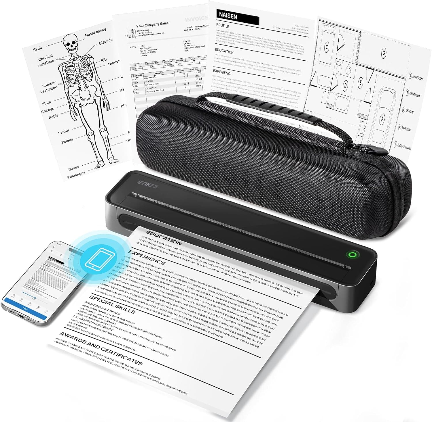 D90E Inkless Portable Printer for Travel, Supports 8.5 x 11 Inch Thermal Paper Wireless Thermal Printer Bluetooth, with Travel Case & 10 Sheets for Students, Office, School, Black