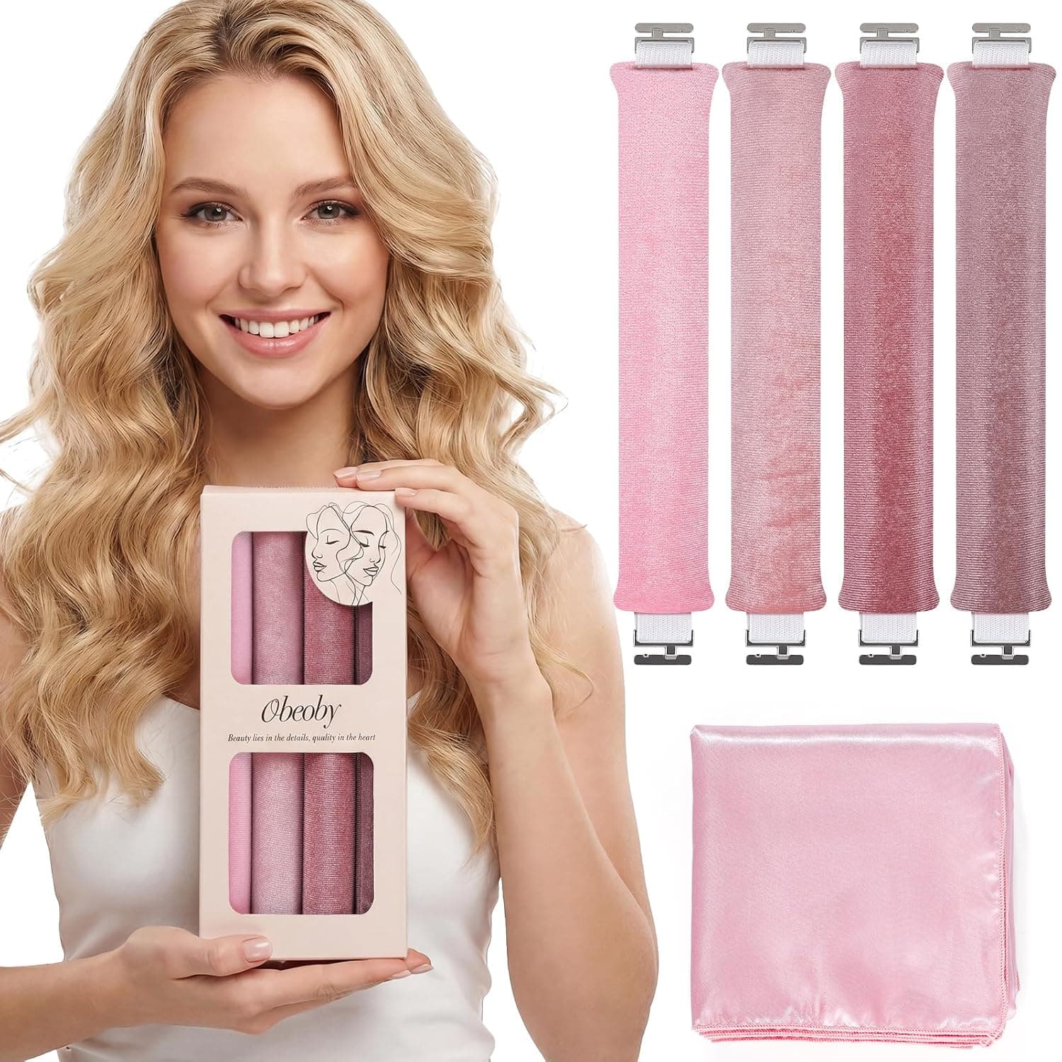 Heatless Curls Overnight Set, No Heat Hair Curlers to Sleep In, Jumbo Overnight Curls with Blowout Rods - Soft Velvet Flexi Rods Hair Rollers for Long Hair Women Girls (4Pcs, Soft Gradient Pink)