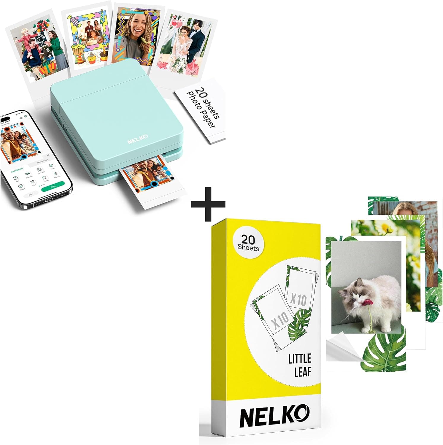 Nelko Photo Printer, PP01 Color Mini Photo Printer, Instant Smartphone Inkjet Sticker Printer for iOS & Android, Sticky-Back Photos, Picture Printer with 20 Sheets Little Leaf Photo Paper, Green