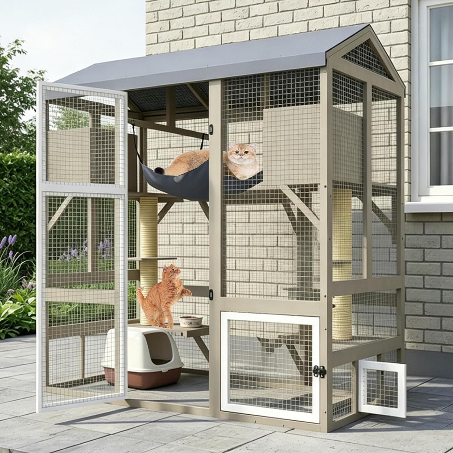 PetsCosset Catio Outdoor Cat Enclosures 66.5" H Large Cats Patio for Indoor Outdoor Cats Window Catios Wooden House with 2 Scratching Posts, 2 Resting Room, Waterproof Roof, Playforms for 3-4 Cats